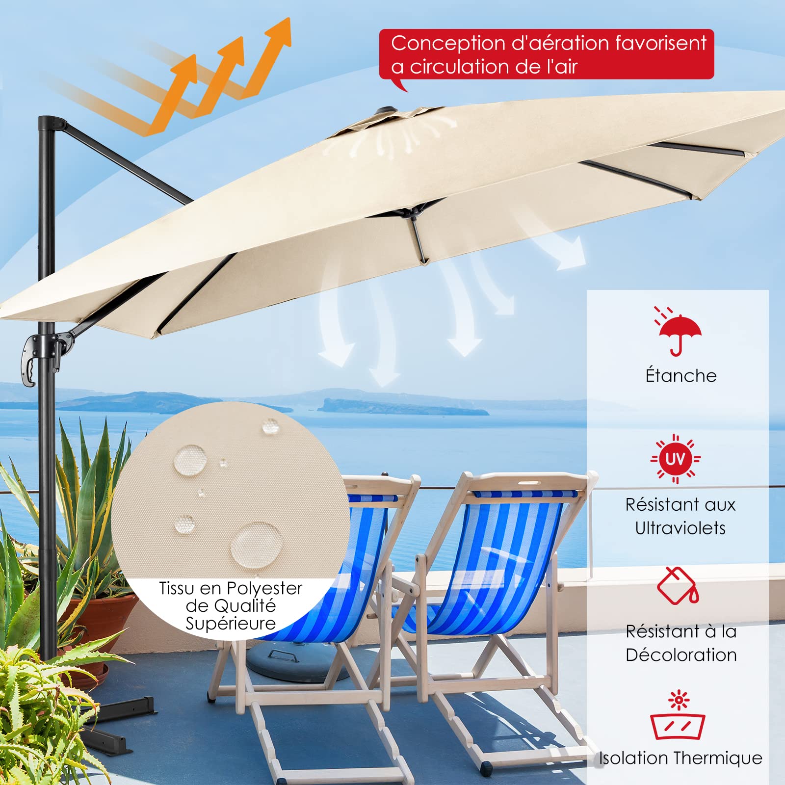 COSTWAY Parasol de Jardin Extérieur, Parasol Déporté Carré 3x3M à Manivelle, Inclinable et Rotation à 360°, 8 Baleines, Toit Double Ventilation Protection UV, pour Terrasse, Patio, Balcon, Beige