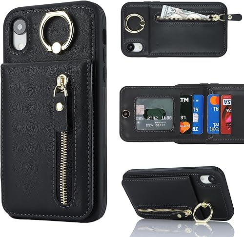 Miniatura 2 de Funda para iPhone XR para mujer, funda para iPhone XR con tarjetero con tarjetero con soporte para tarjeta de crédito con anillo, cierre de
