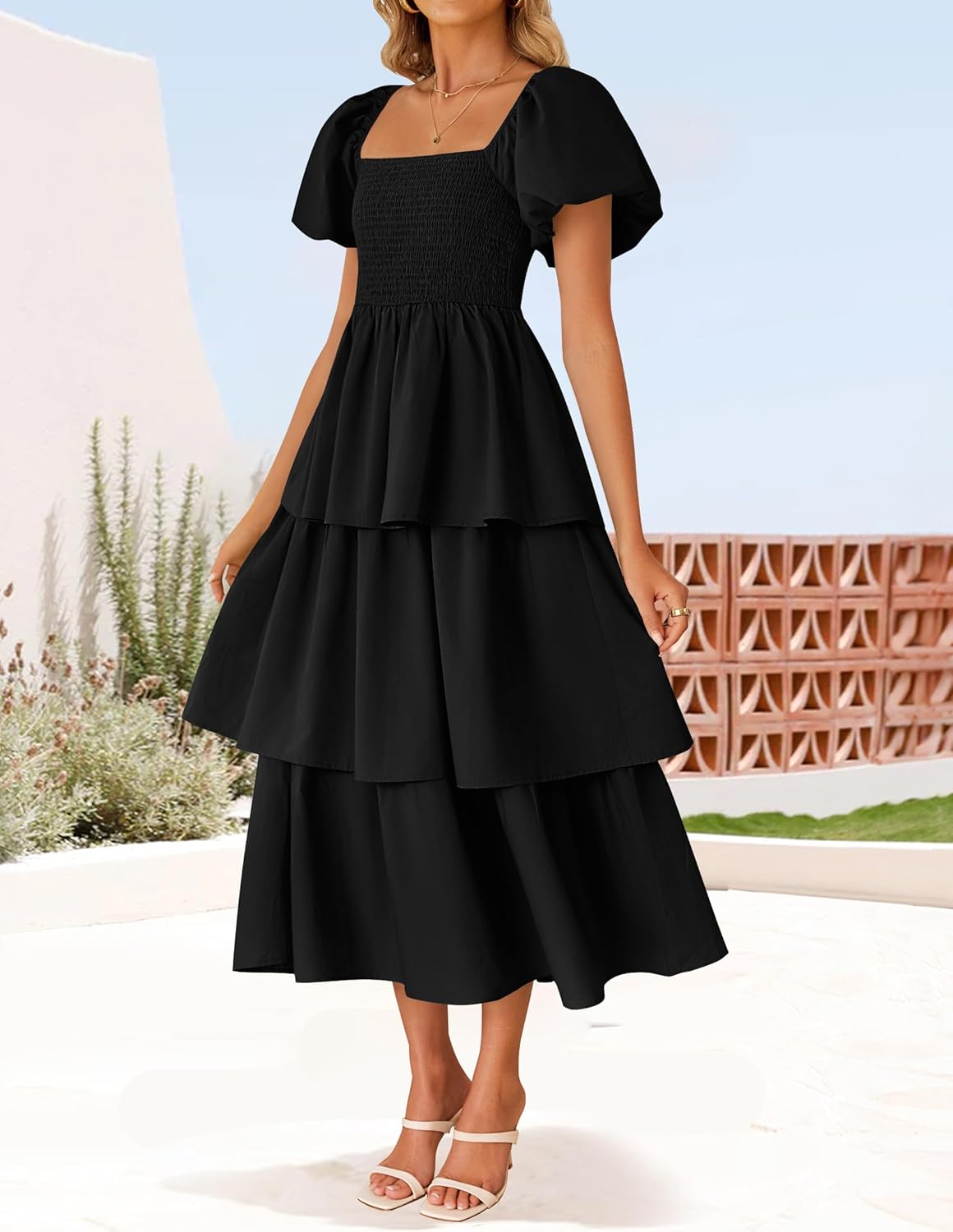 ZESICA Women's Summer Puff Sleeve Midi Dress 2026 Casual Flowy A Line Tiered Wedding Guest Beach Vacation Long Dresses - Image 2