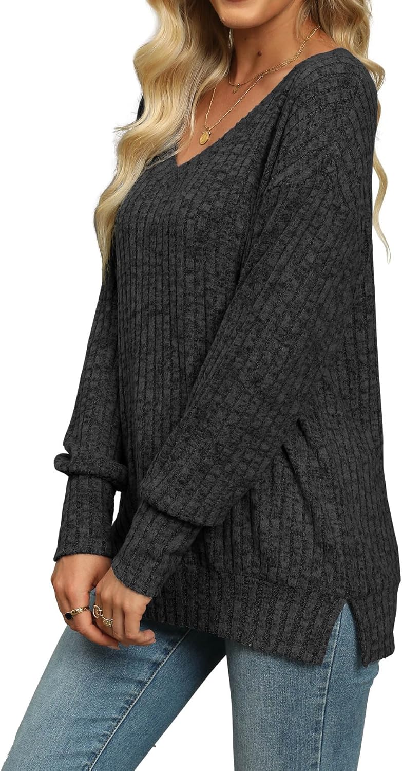 Womens Sweaters V Neck Long Sleeve Shirts Loose Casual Fall Fashion Sweatshirts - Image 3