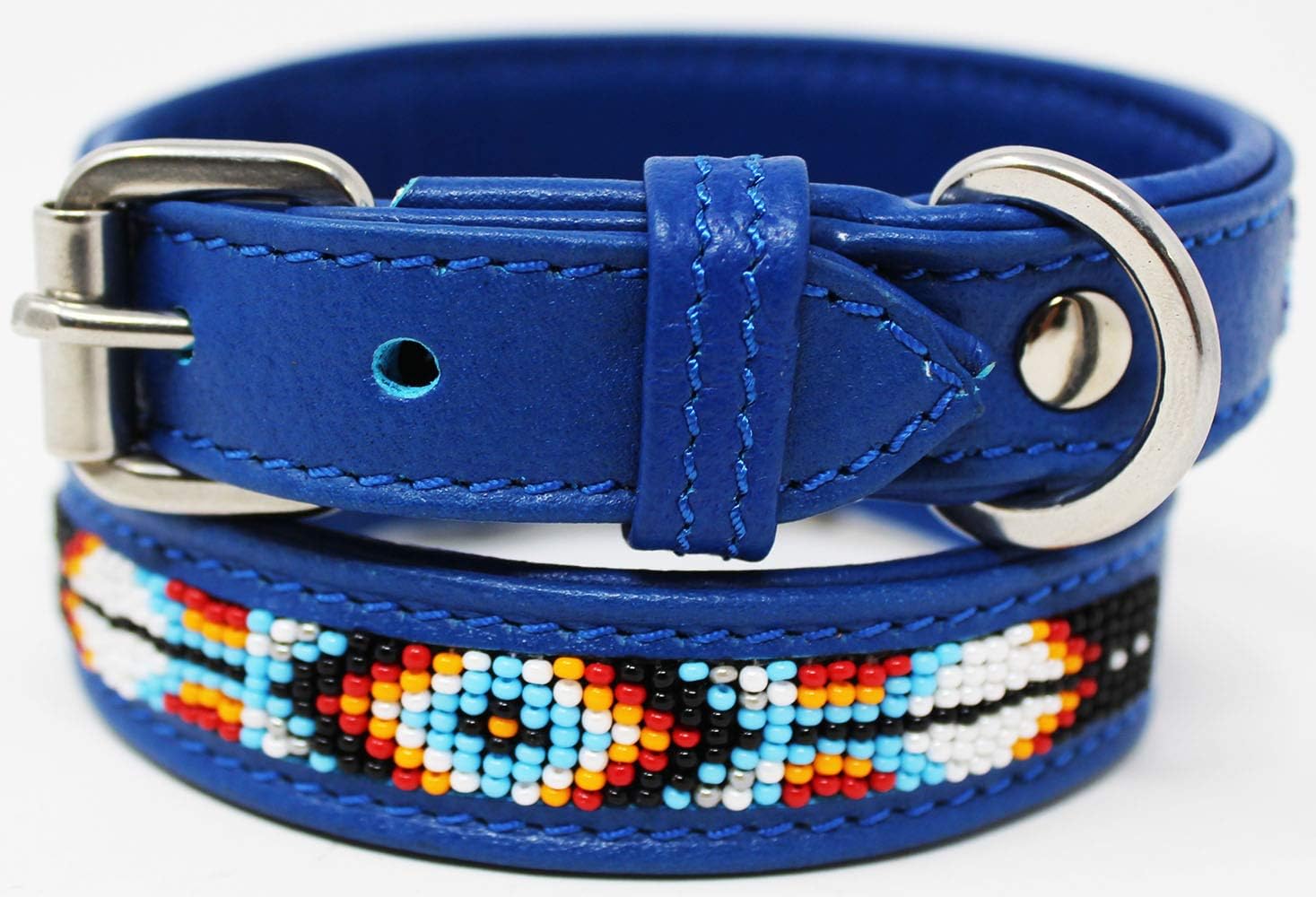 Large 21''- 25'' Soft Genuine Leather Beaded Padded Dog Puppy Collar 60RT04RB