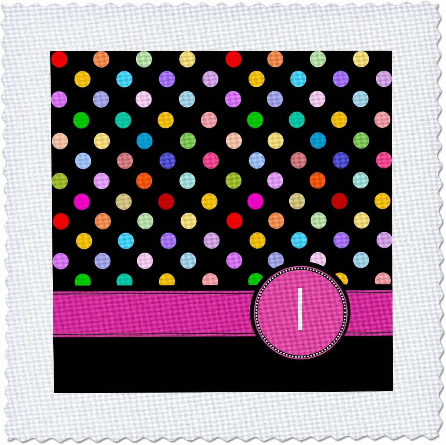 3dRose Letter I Monogrammed on Rainbow Polka dots Pattern with hot Pink Personal Initial - Girly Multicolor 25x25 inch Quilt Square