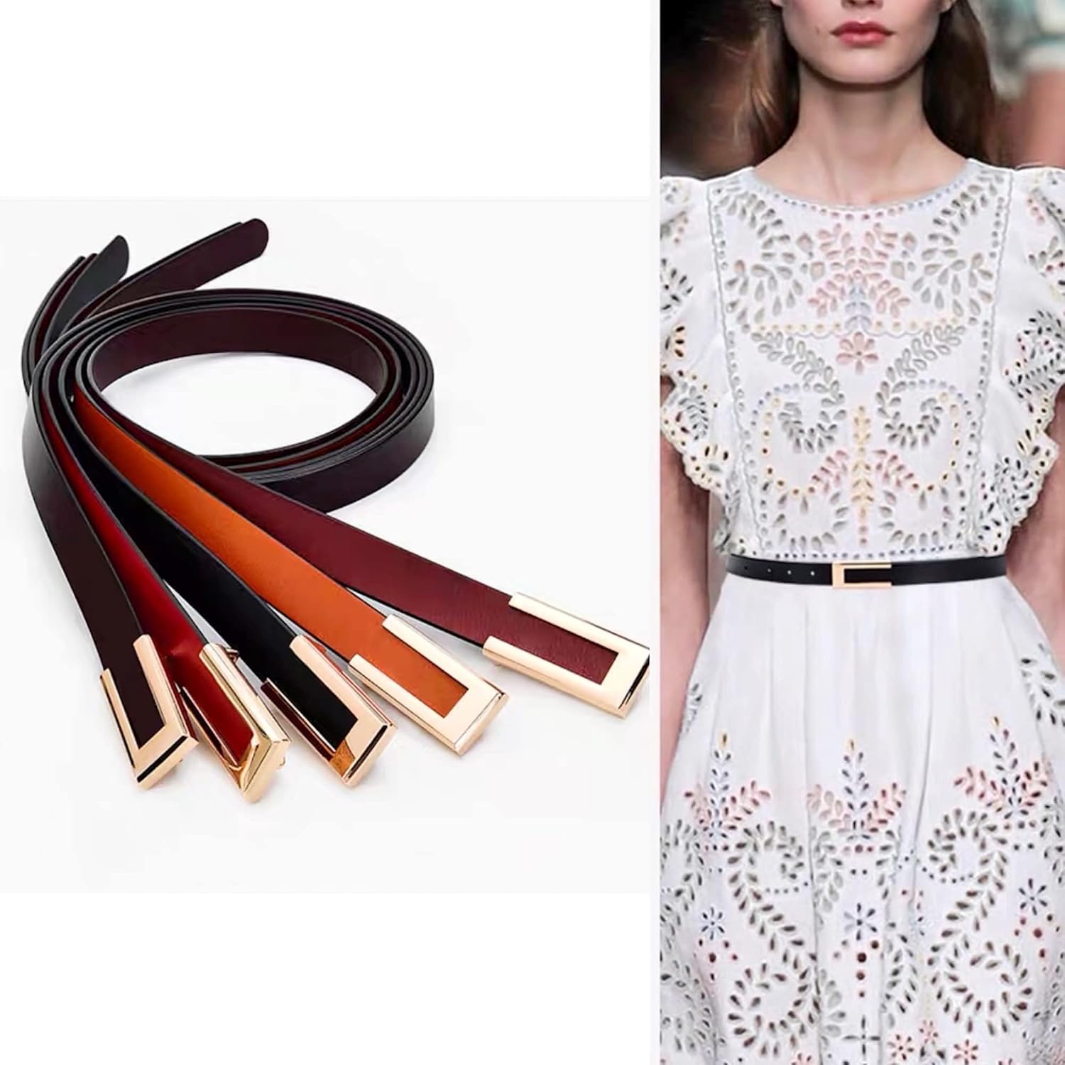 Women's Belt Genuine Leather Belts Durable Waist Belt Gold Color Buckle Waistband For Pants, Jeans, Width 0.80" - Image 6