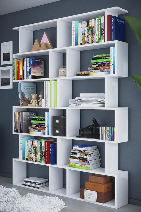 6 Raflı Çift Modül Zigzag Kitaplık Çalışma Odası Ofis Kitaplık BEYAZ