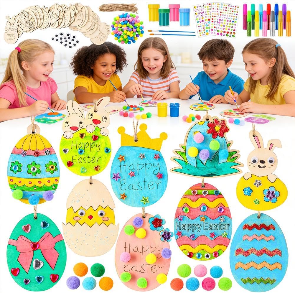 40Pcs Easter Wooden Ornaments Craft Kit – DIY Wood Eggs Paint Your Own Set with Gems, Glitter, Eyes – Fun Holiday Activity for Kids, Classroom, Party Favors