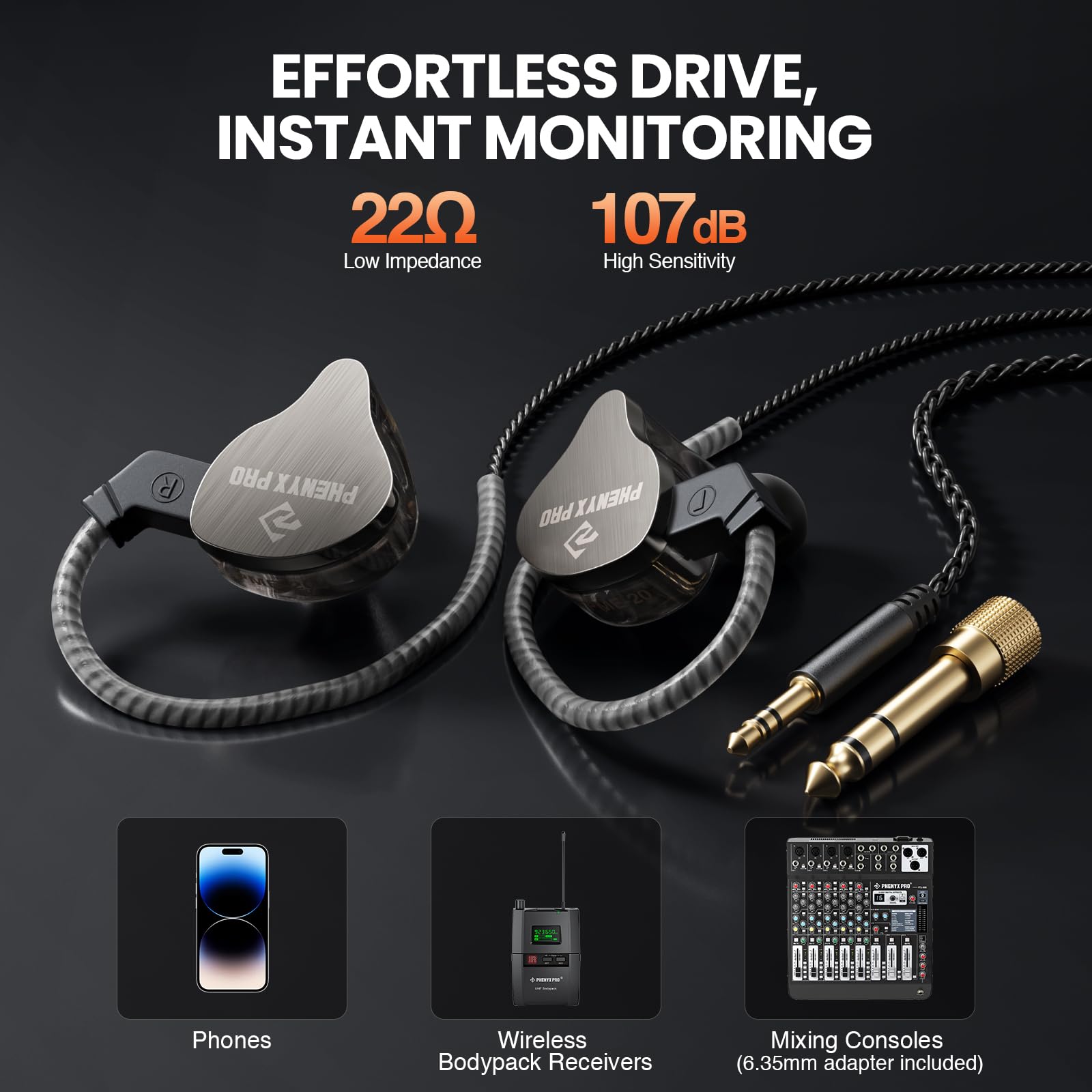 Phenyx Pro Auricolari in-ear con doppio driver ibrido PME-20 | Stereo IEM con isolamento acustico, cavo staccabile a 2 pin, design anti-groviglio, cantanti, musicisti, videogiochi