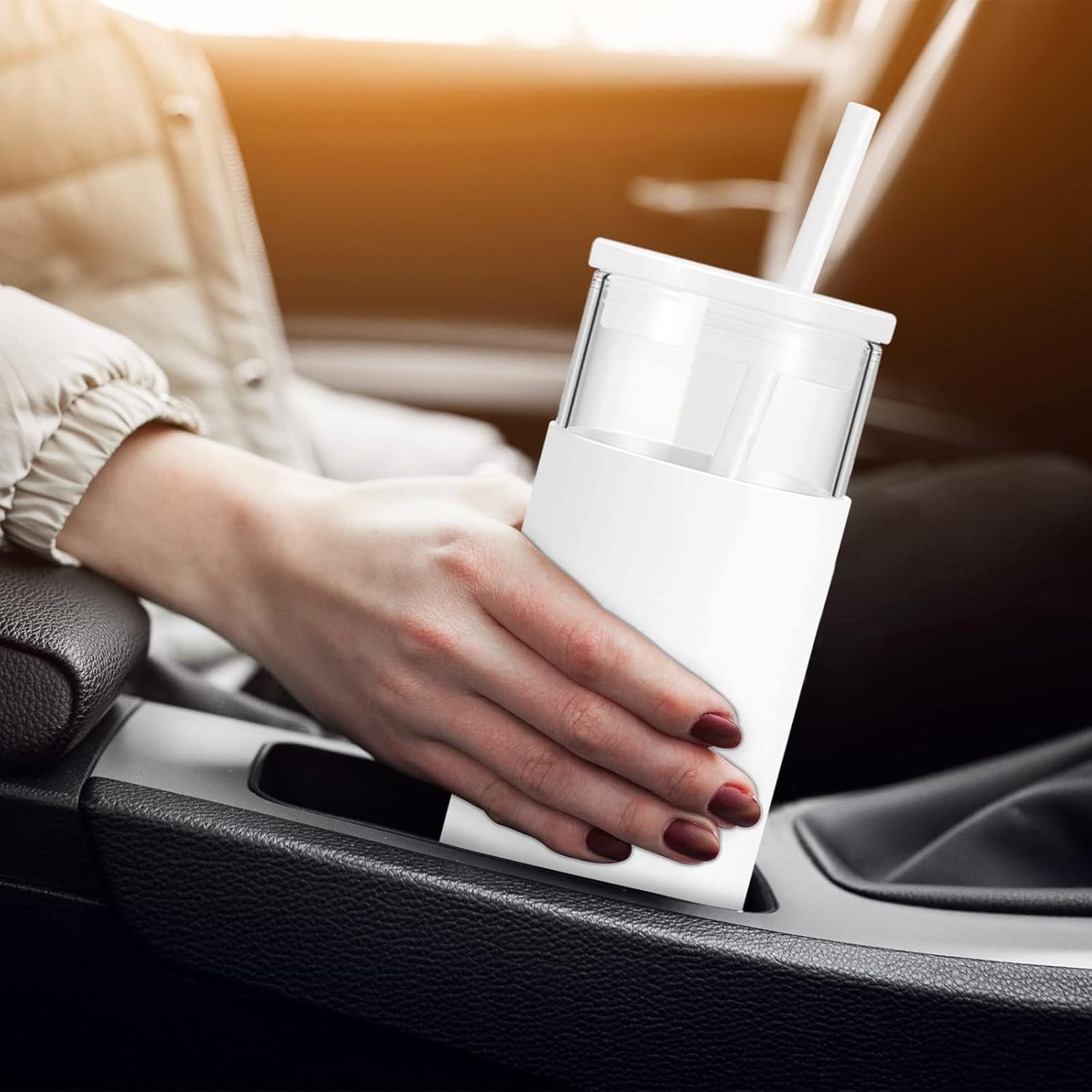 Tronco 20 oz Glass Tumbler With Lids and Straws, Reusable Smoothie Cups With Silicone Lid, Iced Coffee Cup With Silicone Protective Sleeve, Dishwasher Safe- BPA Free（White 1 Count） - Image 3