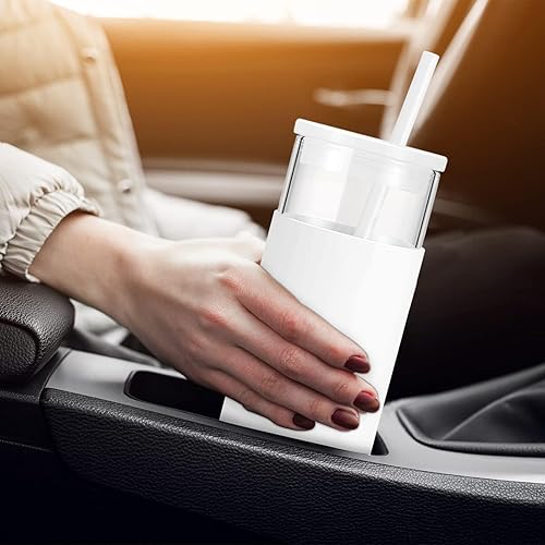 Miniatura 5 de Tronco Vaso de vidrio de 20 onzas con tapas y pajitas, vasos reutilizables para batidos con tapa de silicona, taza de café helado con funda