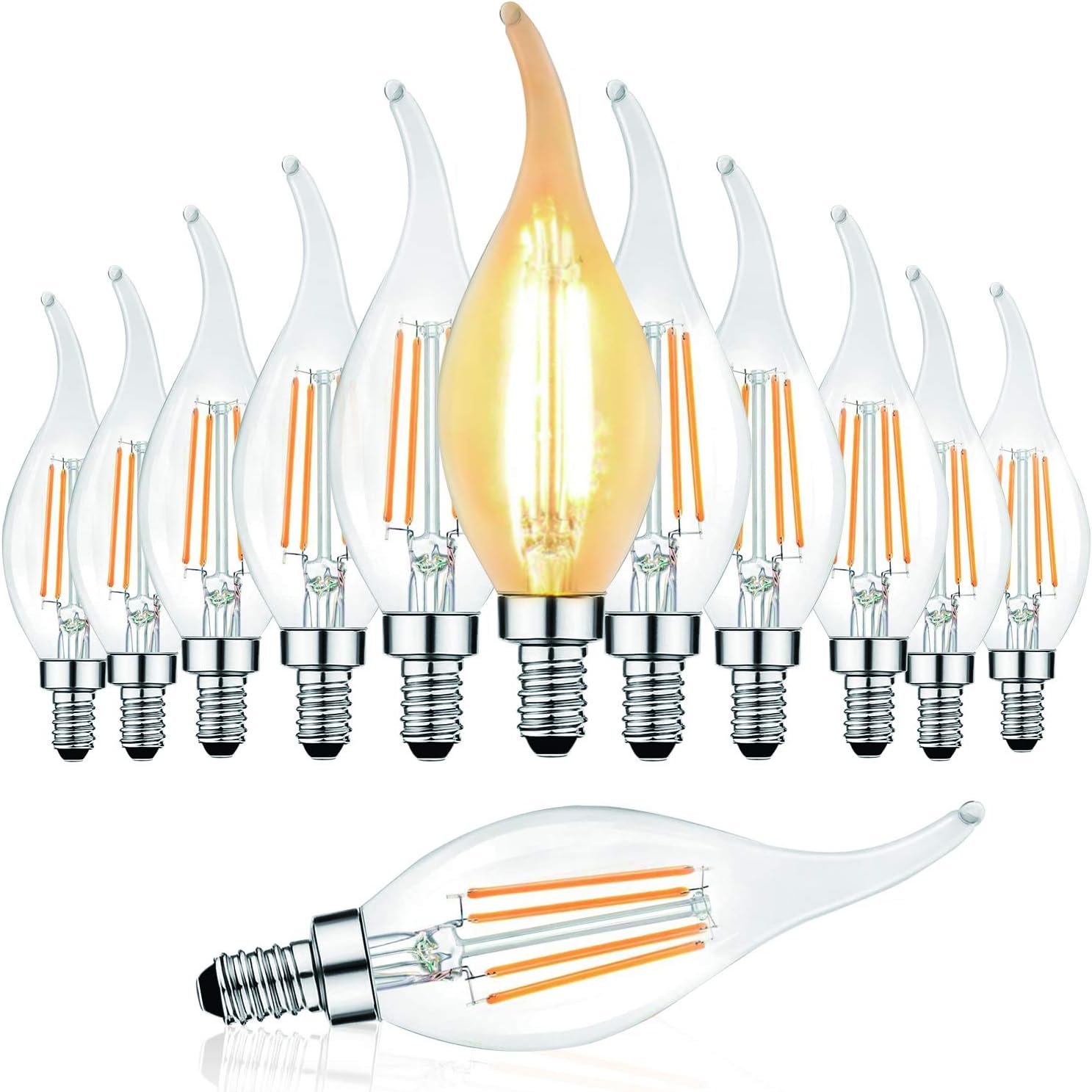 E12 LED Candelabra Bulbs 40W Incandescent Equivalent, 4w Filament LED Chandelier Lamp Bulb,Vintage Clear Glass Flame Tip Light Bulb, 2700K Warm White, 400Lumens, Pack of 6