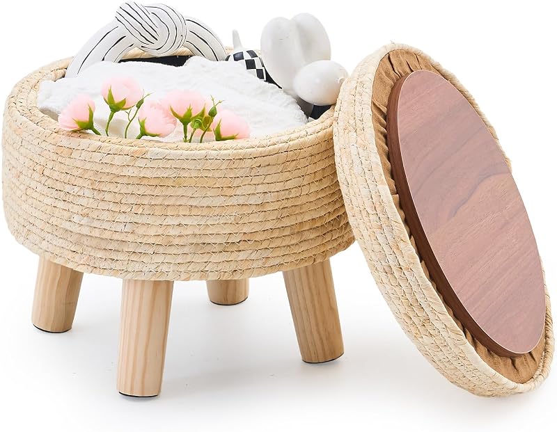 Cpintltr Ottoman Natural Seagrass Footrest Poufs Hand Weave Round Foot Stool for Couch Desk Soft Step Stool Padded Foot Rest with Pine Legs for Living Room Bedroom (Natural White-Storage)