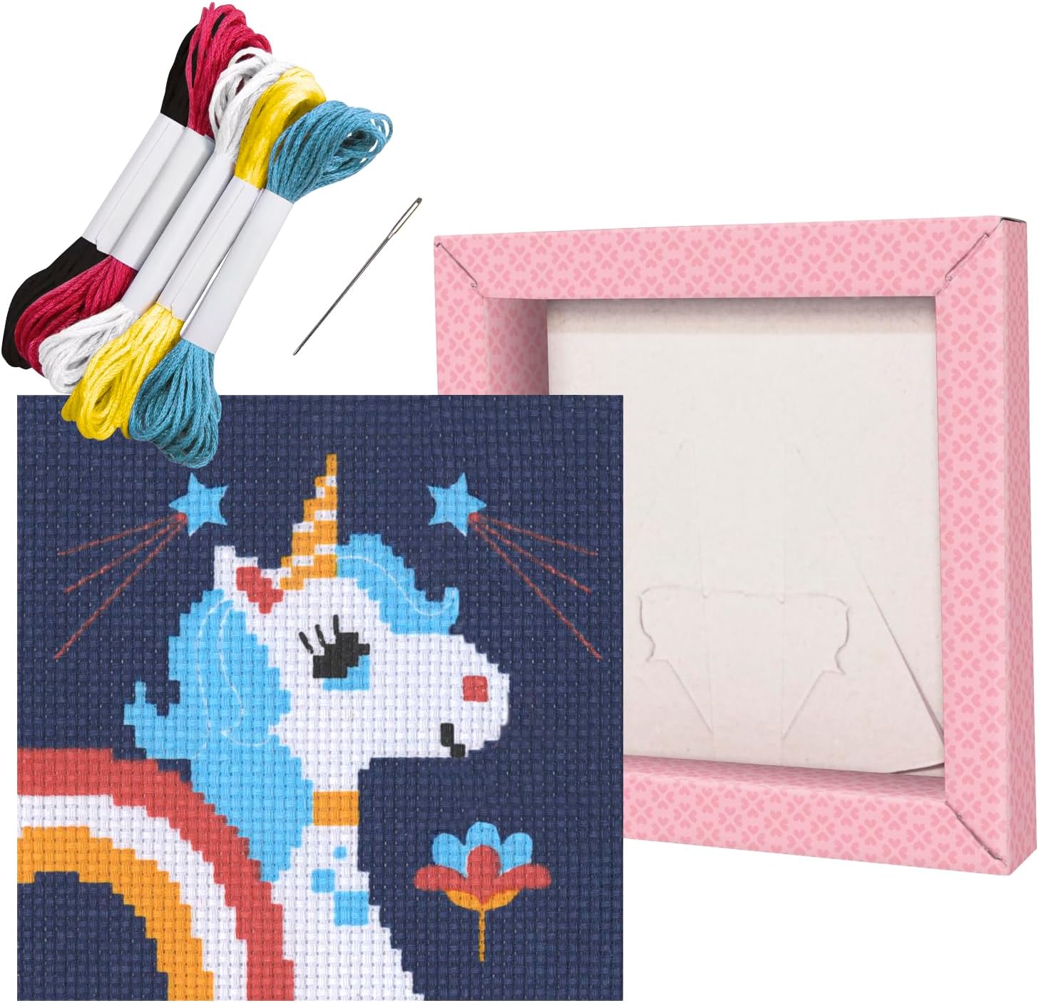 Avenue Mandarine - Ref KC112C - Pix Gallery Box Cross Stitch Painting - Unicorn Design - 127 x 127mm Printed Fabric, Frame Included, Suitable for Ages 6-10+