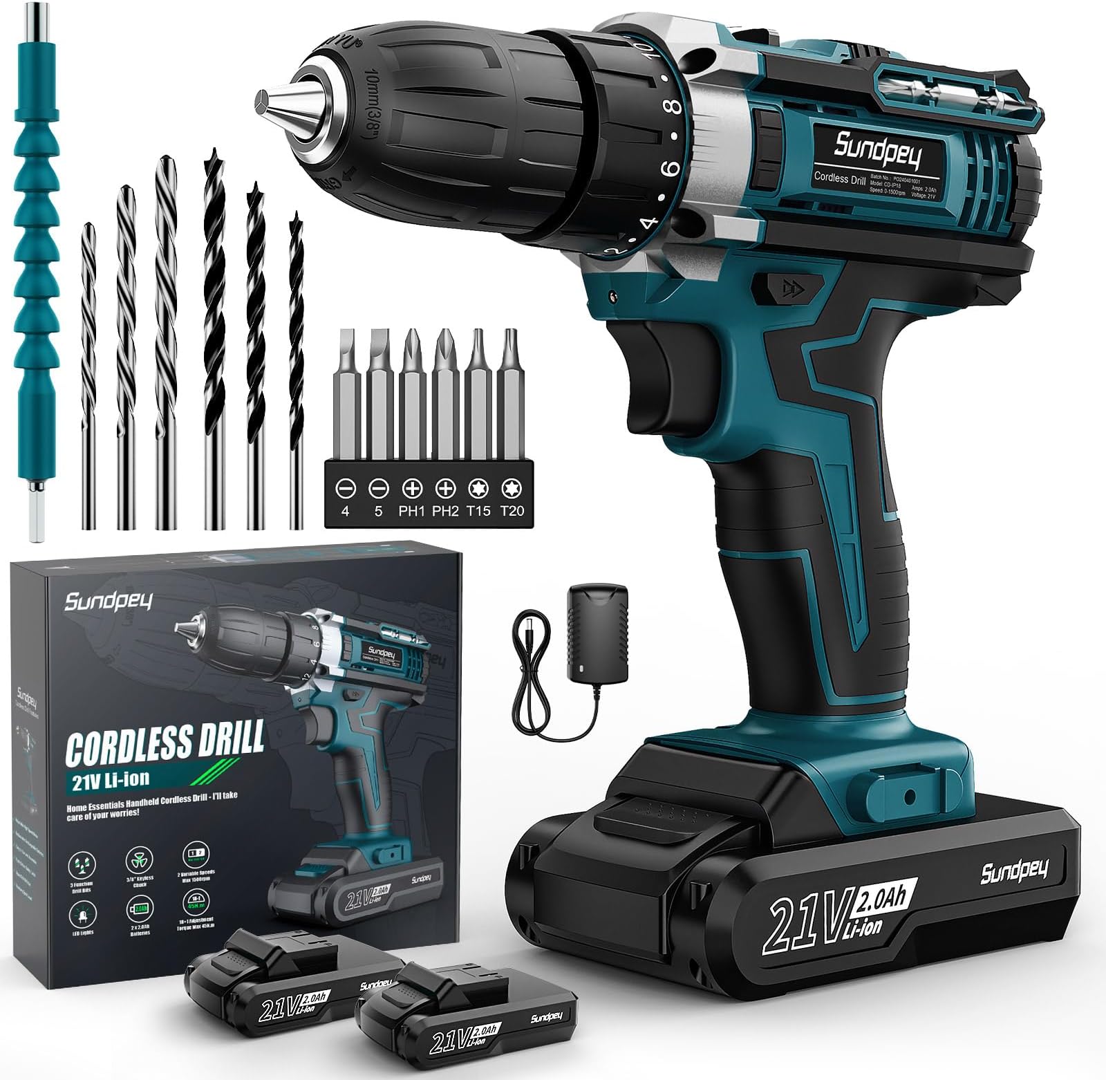 Sundpey Cordless Drill Set 21V - Power Drill Driver - Electric Screwdriver with 2 Batteries 2.0Ah & LED Light & Spirit Level & 18+1 Torque (Max 45N.m) & 2 Speed for Home DIY Project Blue