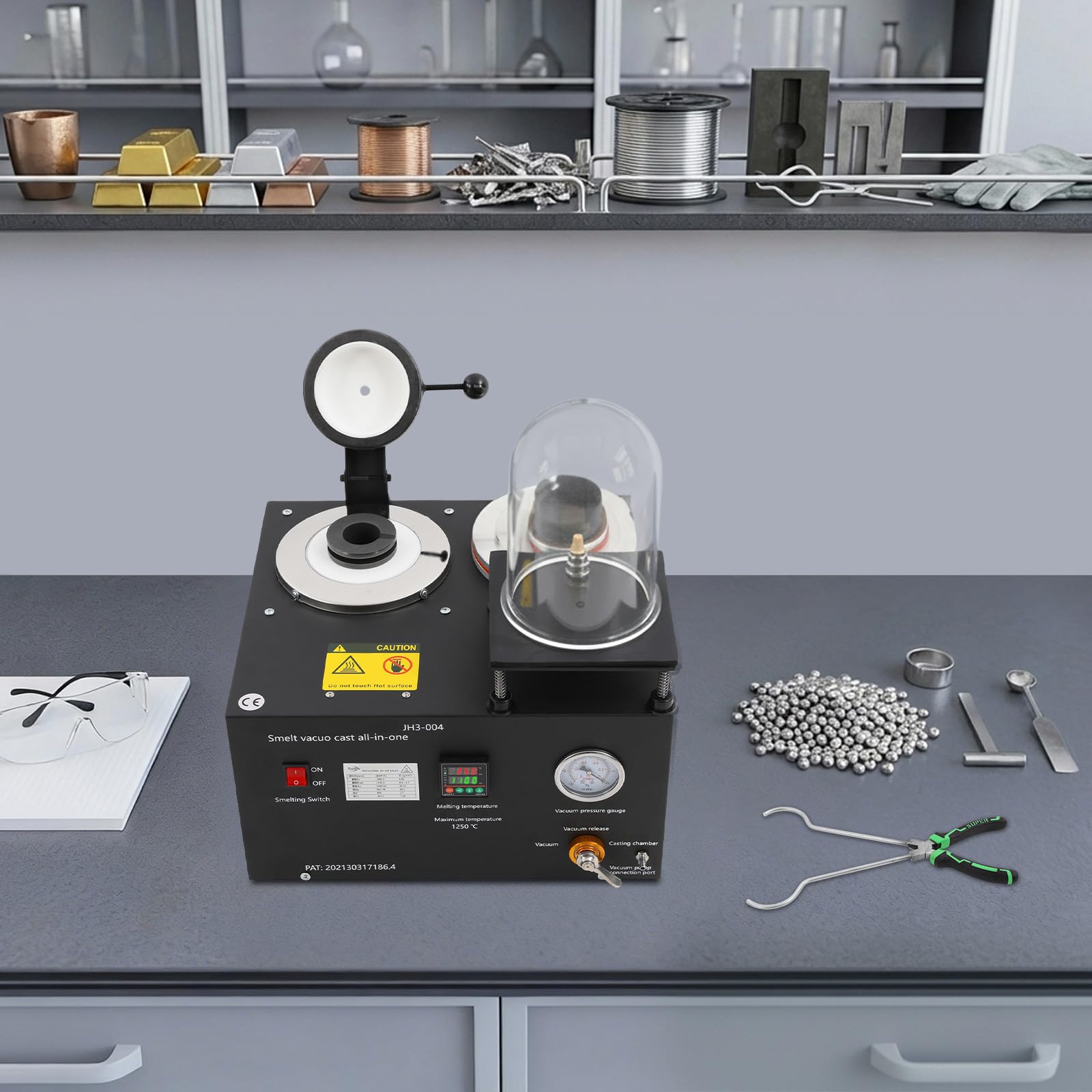 Schmelzofen 2kg, Elektrischer Goldschmelzofen 1500W 220V EU, Vakuumguss- und Schmelzmaschine mit digitaler Anzeige, Hochtemperatur Gusswerkzeug für Edelmetall und Schmuckherstellung