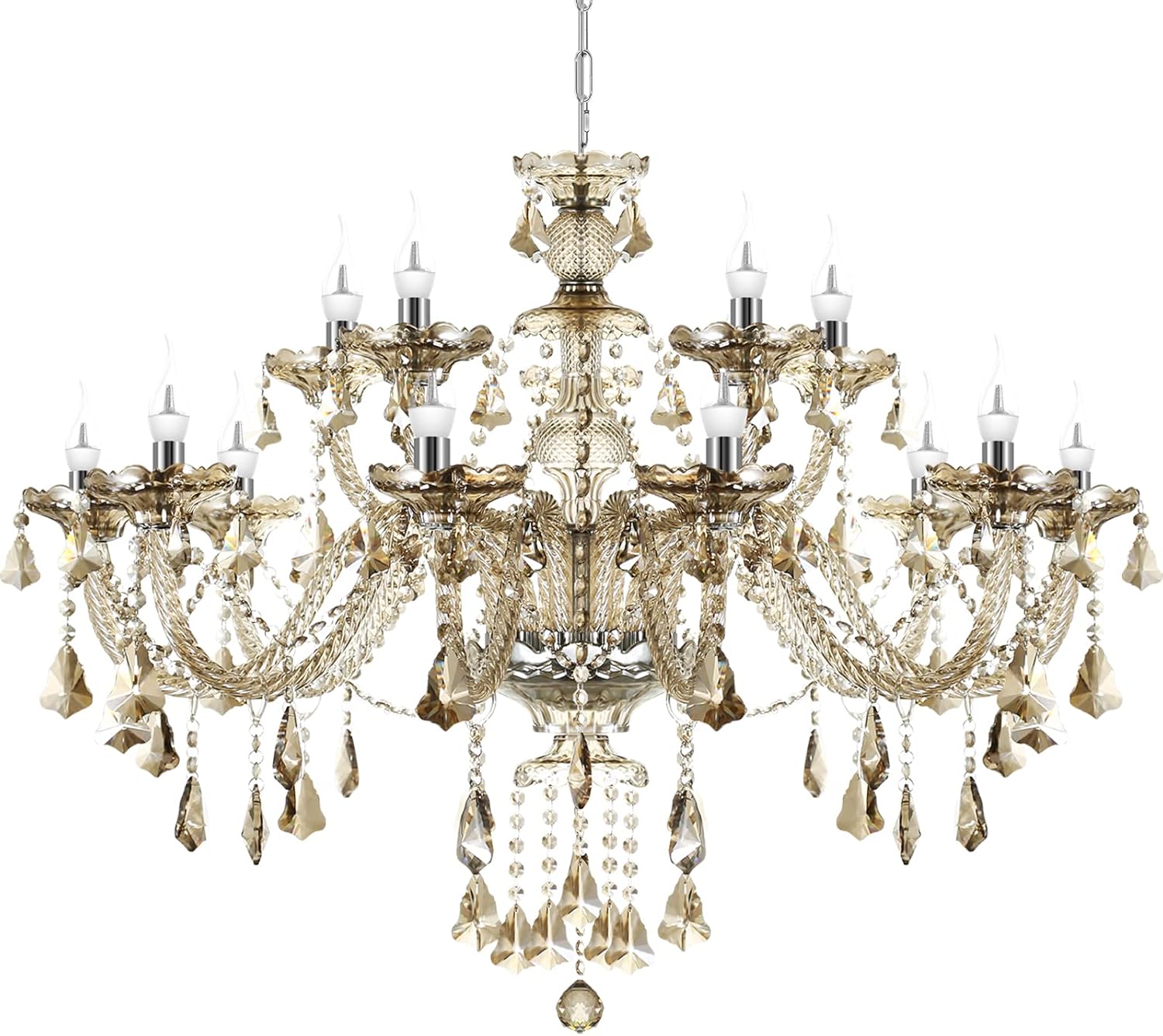Samger Luxurious Cognac Crystal Chandelier 15 Lights K9 Crystal Glass Hanging Ceiling Pendant Lamp with Adjustable Chain Large French Country Chandelier 37.4in Vintage Style for Bedroom Dining Room