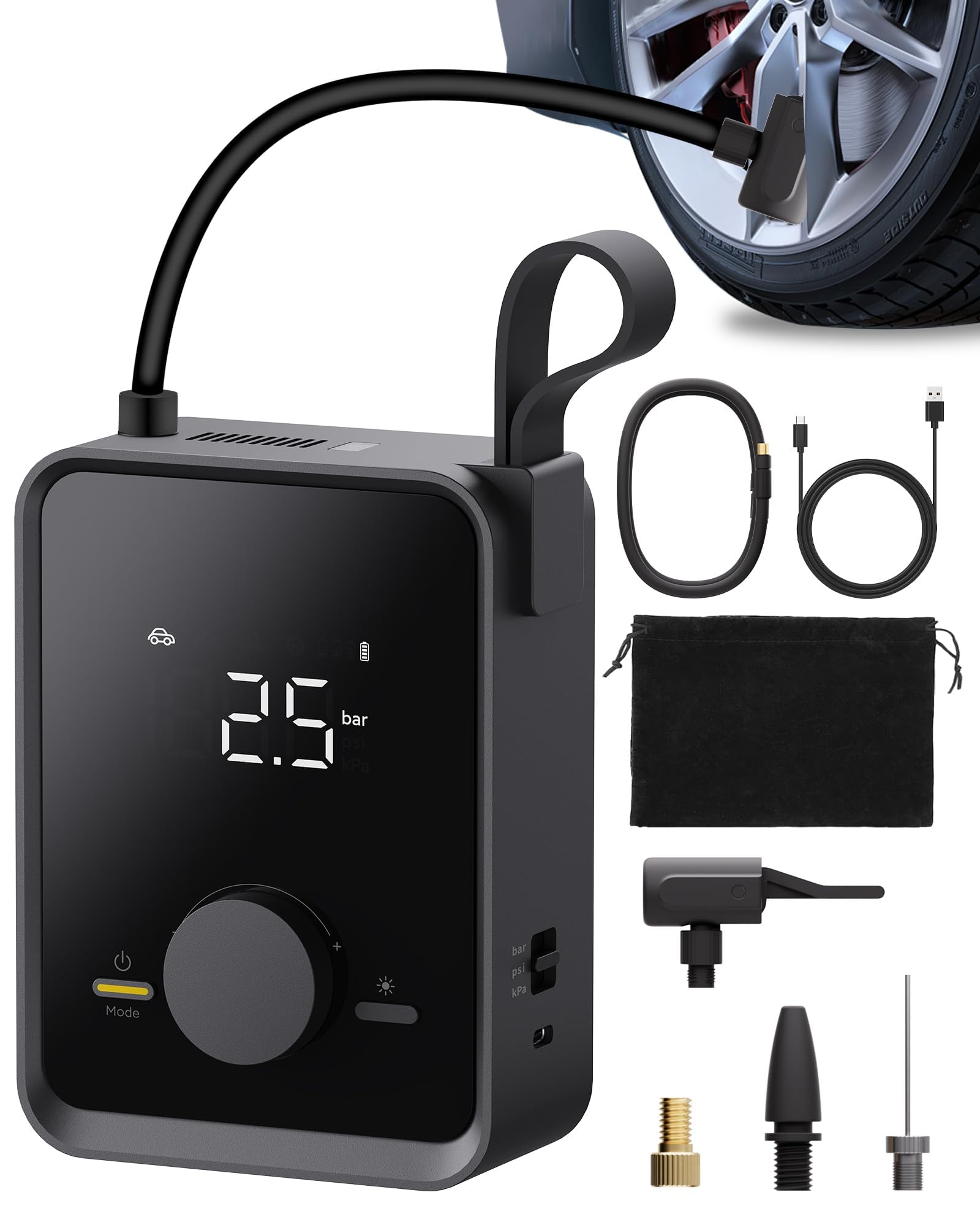 Compressore Aria Portatile, Gonfia Elettrico Pro con Manometro Digitale 120PSI, Gonfiatore per pneumatici per Auto,Pompa Elettrica per bici con Motore 12V, 7500mAh, Compressore D'aria per moto,palla