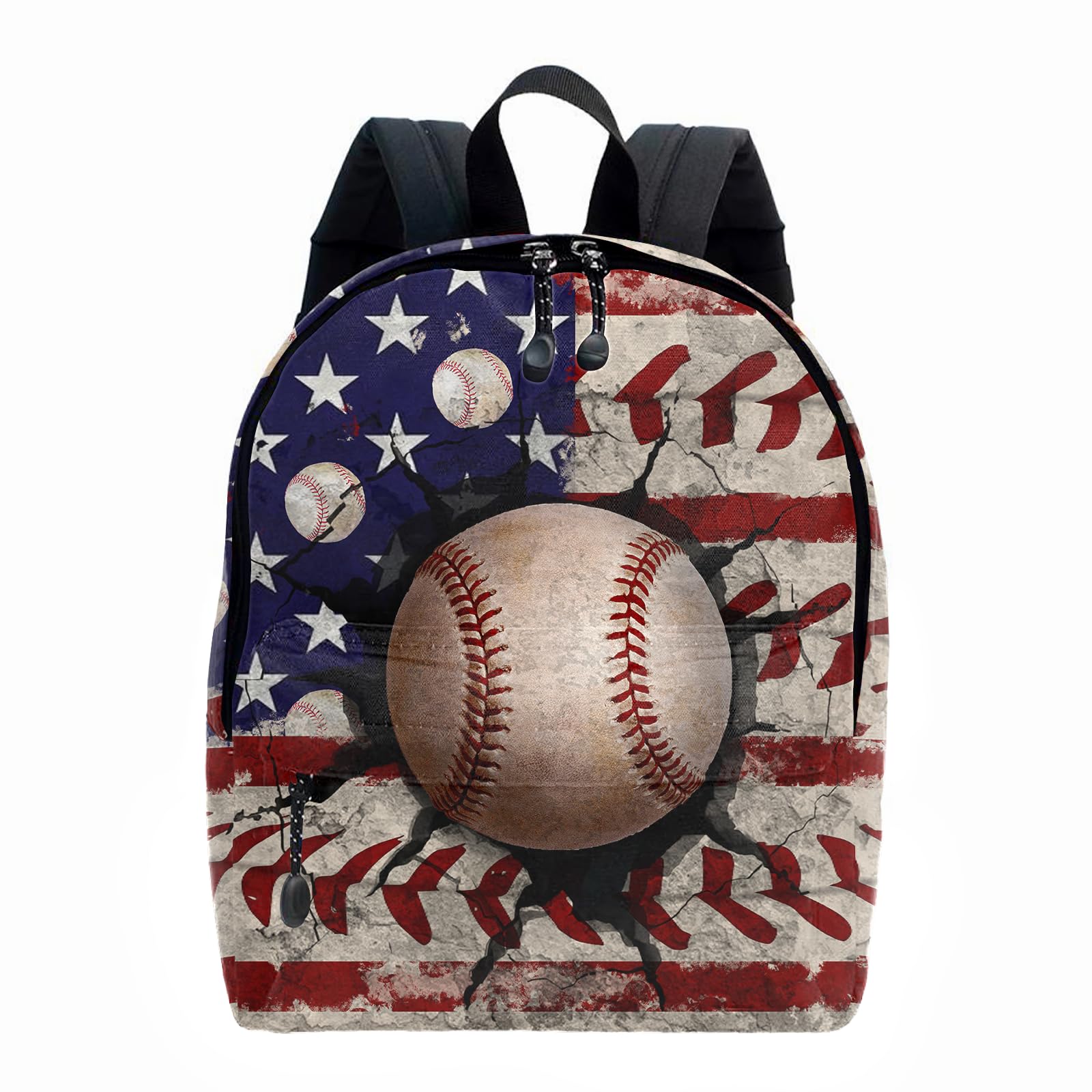 American Flag Baseball School Backpack for Boys Bookbag 16 Inch USA Sports Theme Laptop Back Pack for School