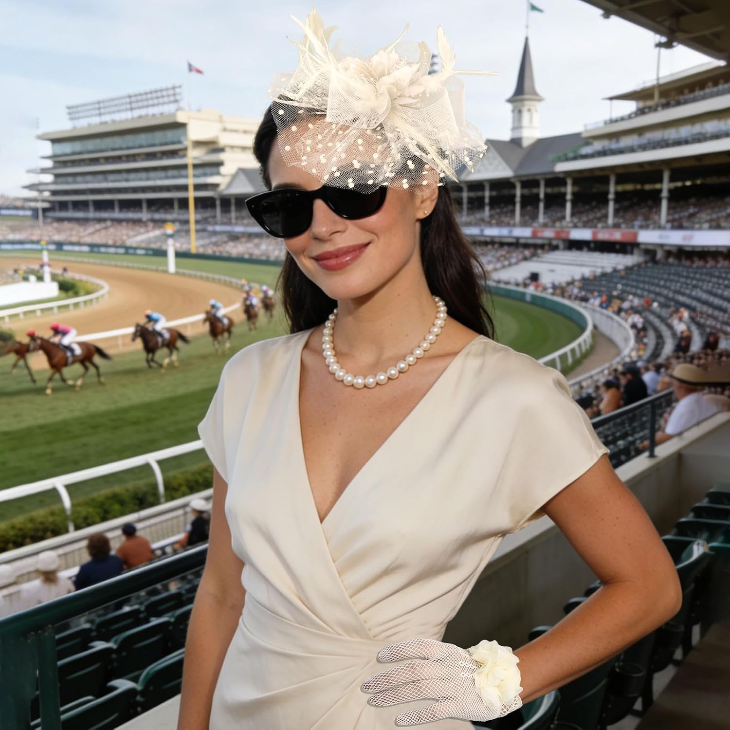 Semato Fascinators Hats for Women with Tea Party Gloves Mesh Feathers Elegant Kentucky Hat Derby Headband with Hair Clip