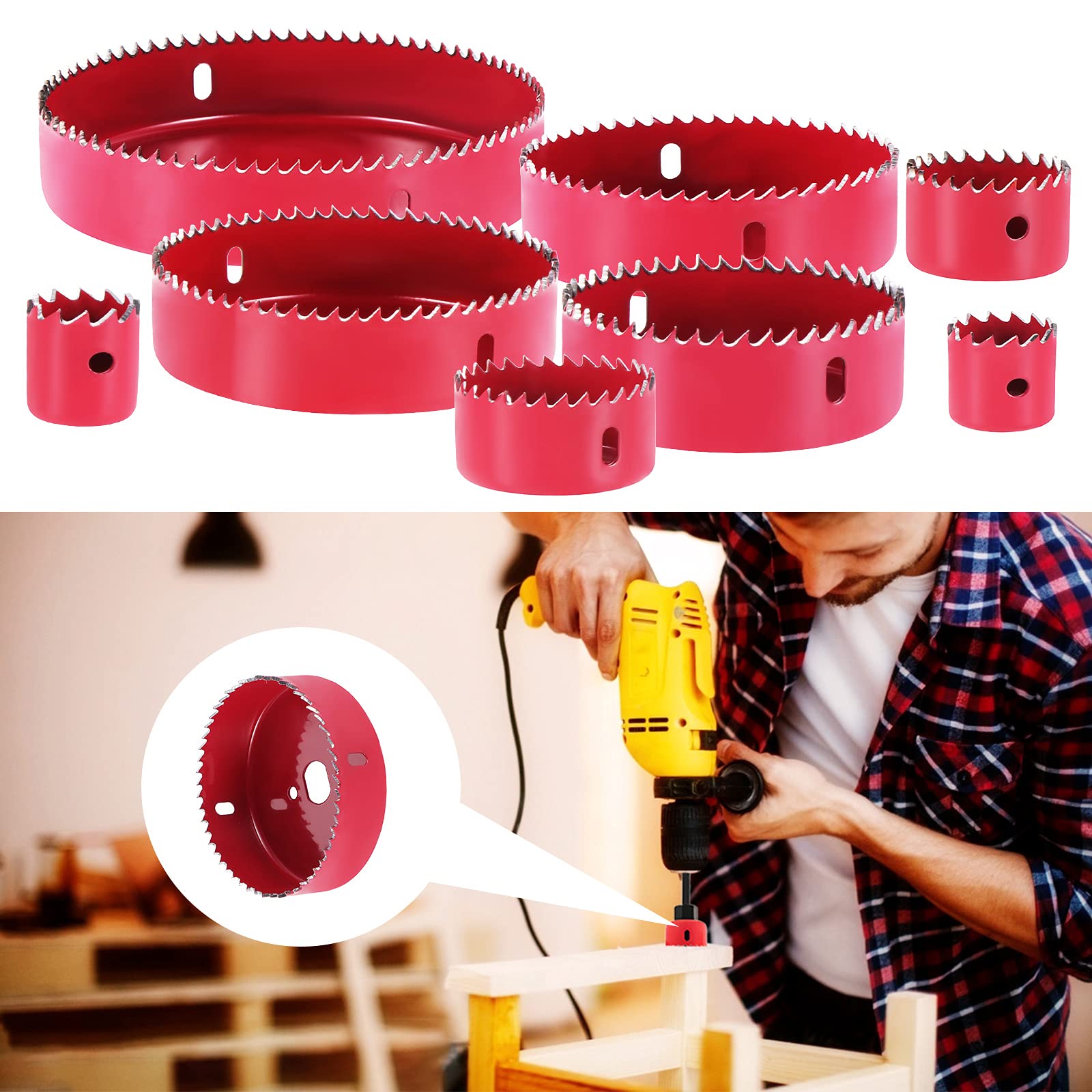Juego de 20 sierras de corona, brocas de acero al carbono, juegos de sierras de perforación para madera, placas de yeso, plástico 19-127 mm (rojo)