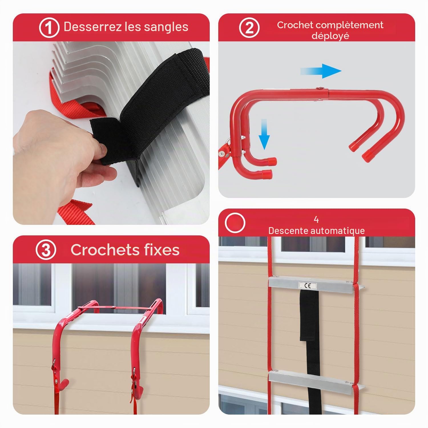 Eulenke Échelle de feu pliable de 4,5 m avec déploiement rapide en 3 secondes et crochets réglables - Charge maximale : 450 kg - Certifié EN1147 - Pour la maison, l'école, le bureau - Échelons