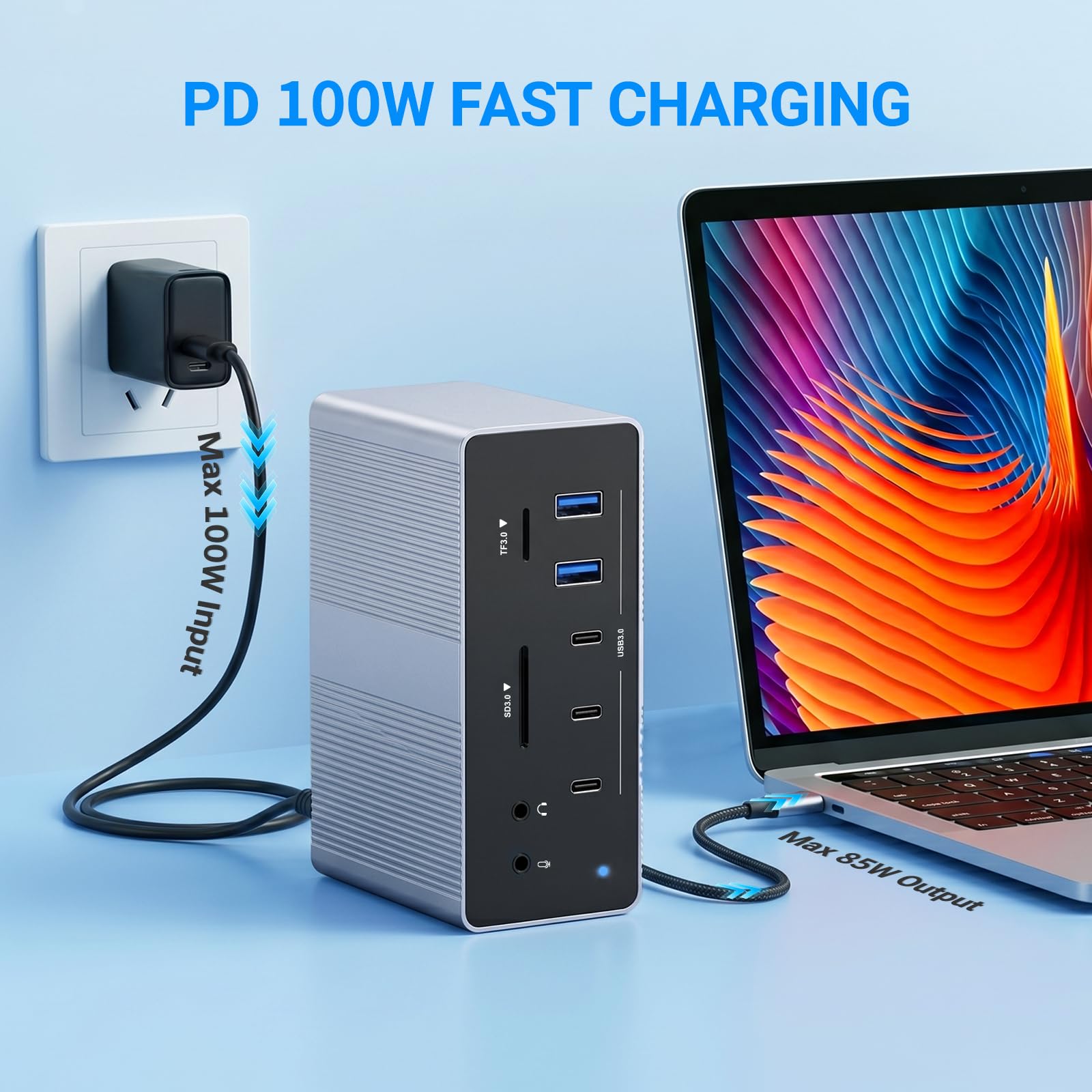 Station d'accueil USB C 19 en 1, Dock USB C Double Hôte avec 4 Écrans, Triple HDMI + DP, 8K@30Hz & Double 4K@60Hz, Hub USB Multiports avec PD 100W, RJ45 Gigabit, SD/TF, Audio pour Windows MacBook