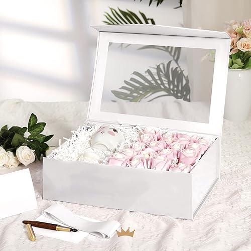 Vista 2 de PACKQUEEN Caja de regalo grande blanca con ventana, 13.5x9x4.1 pulgadas Caja de regalo transparente para regalos con cinta, tarjeta, caja de regalo