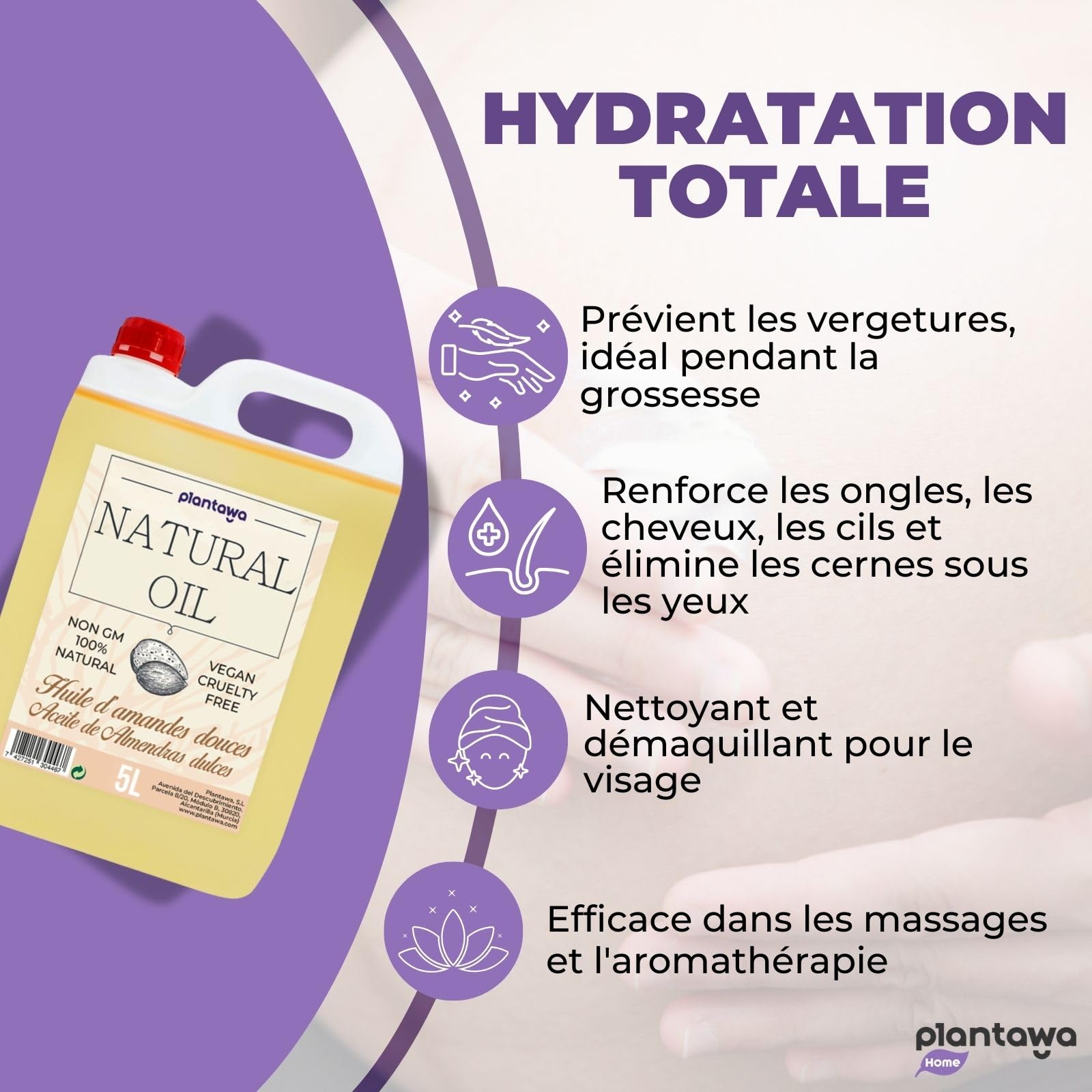 PLANTAWA Huile d'amande douce, Pack économique, kit professionnel, massage, 5L, hydrate, peau, oreille, cheveux, grossesse, pour visage, apporte de la vitamine E, durable, 5000 ml