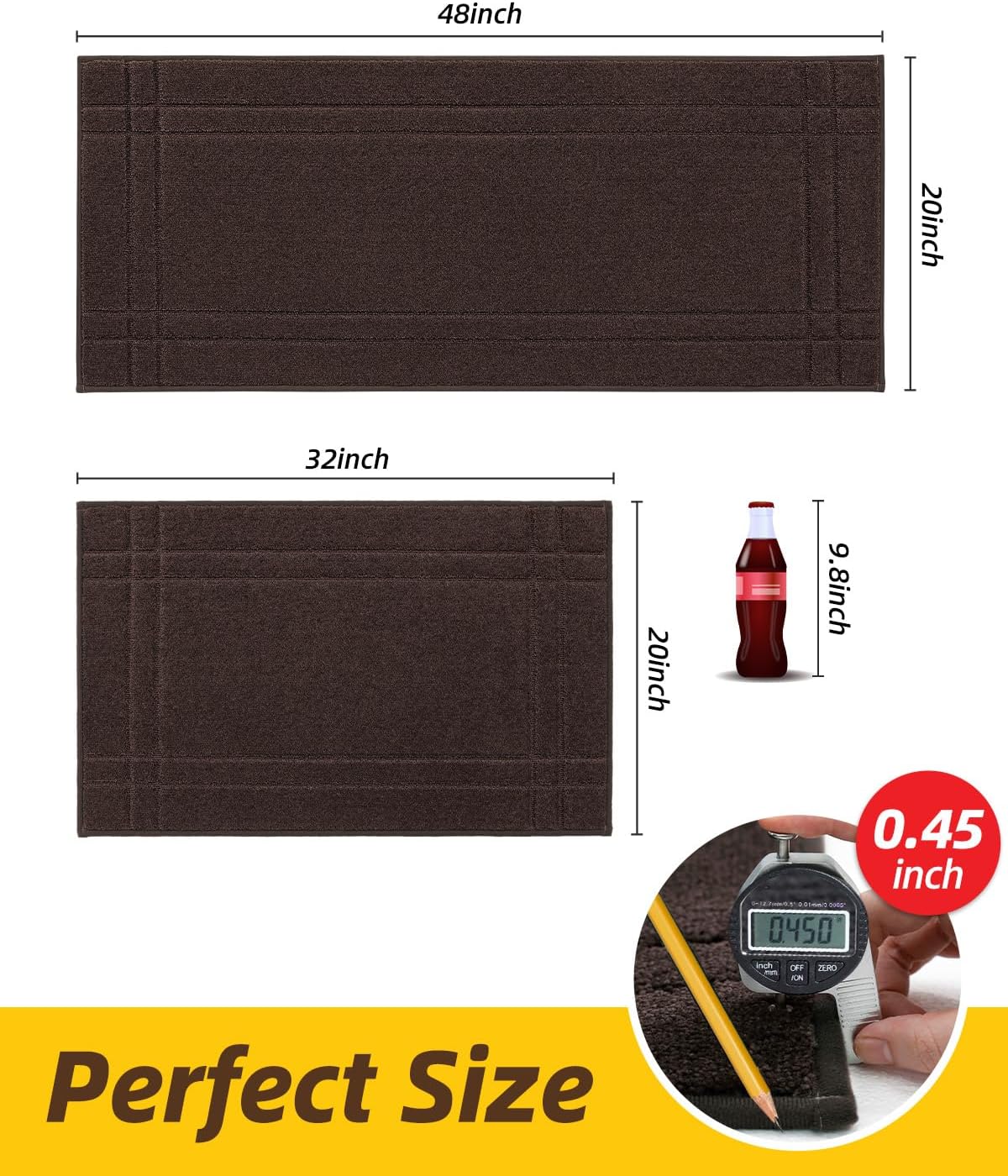 JSEI Kitchen Mats for Floor, Non-Slip Kitchen Rugs, Soft Washable Absorbent Kitchen Mats 2 PCS, Kitchen Runner Rug with TPR Backing, Polyester, 20"x32"+20"x48", Brown