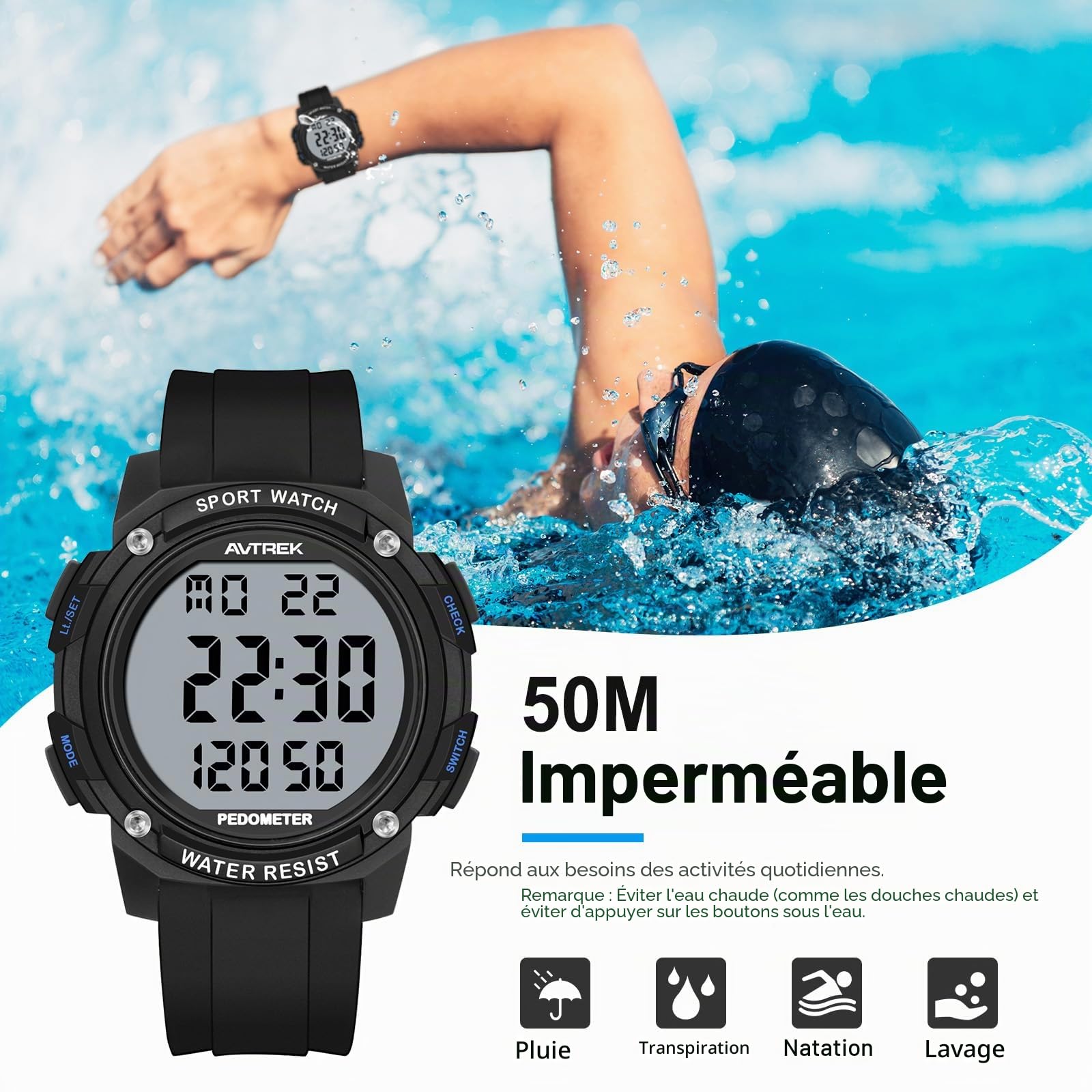 AVTREK Montre podomètre étanche pour la marche, pas d'application/Bluetooth nécessaire, traqueur de fitness avec écran LCD, grands chiffres, kilomètres et calories