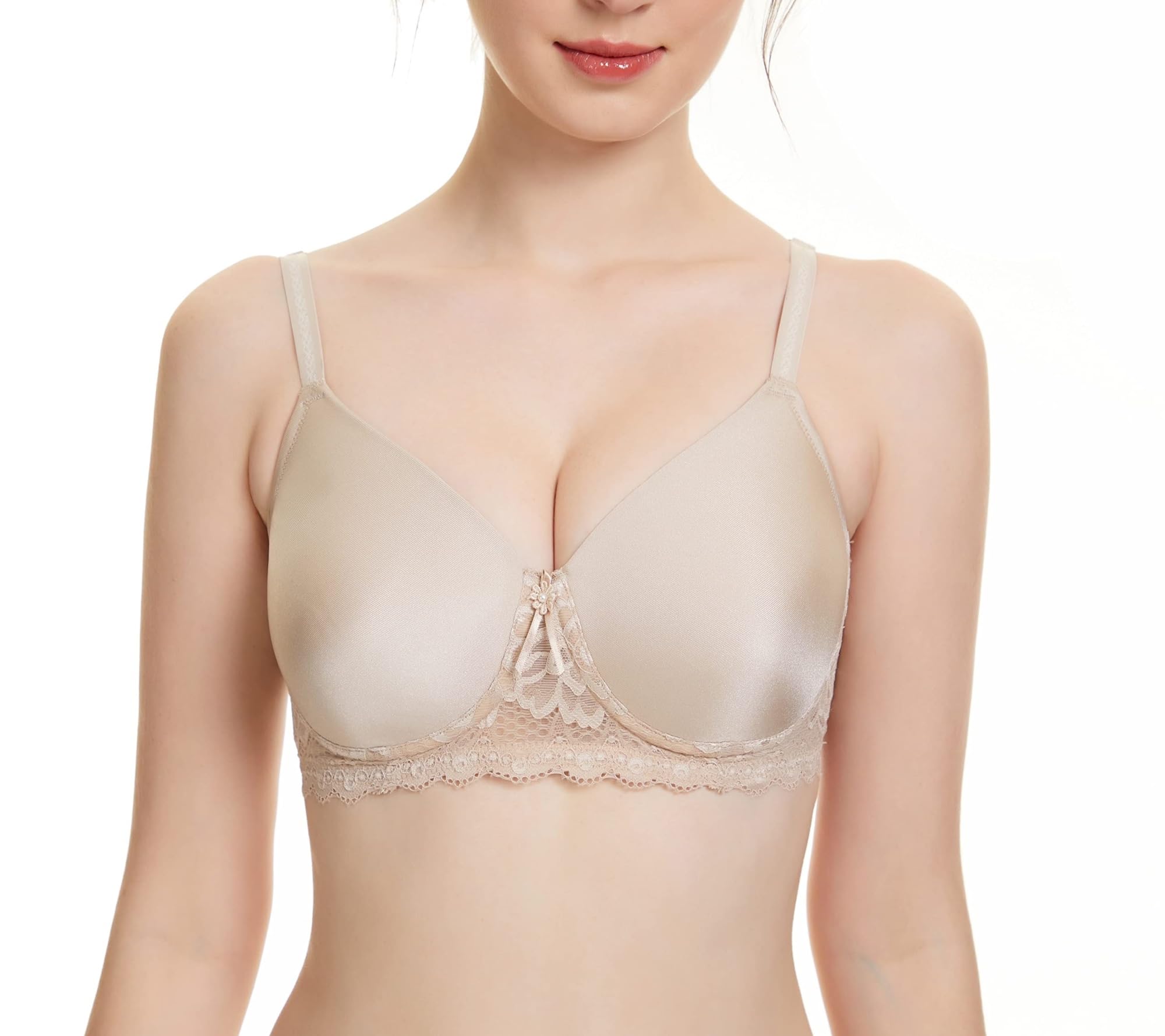 Biustonosz Damski Smooth Soft Po Mastektomii Bra Bez Fiszbin Z Koronkowym Wykończeniem, Zapewniający Pełne Krycie Do Protez Silikonowych(Beige,C_34/75)