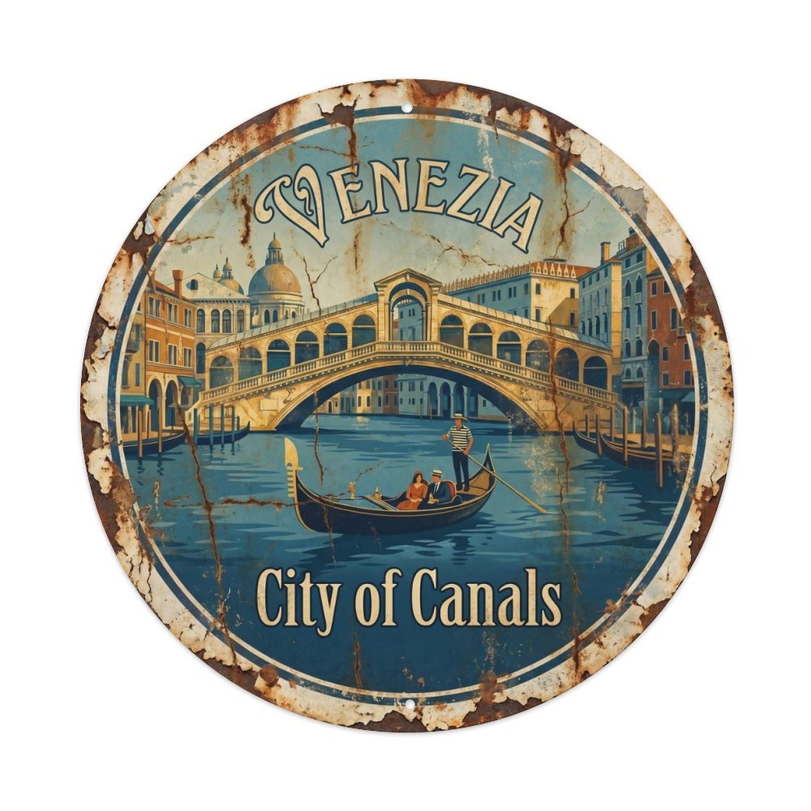 Vintage Travel Venetian Gondola Europe Metal Tin Sign Plaque Wall Decor for Cafe, Club, Garden Round Metal Poster 8x8Inch