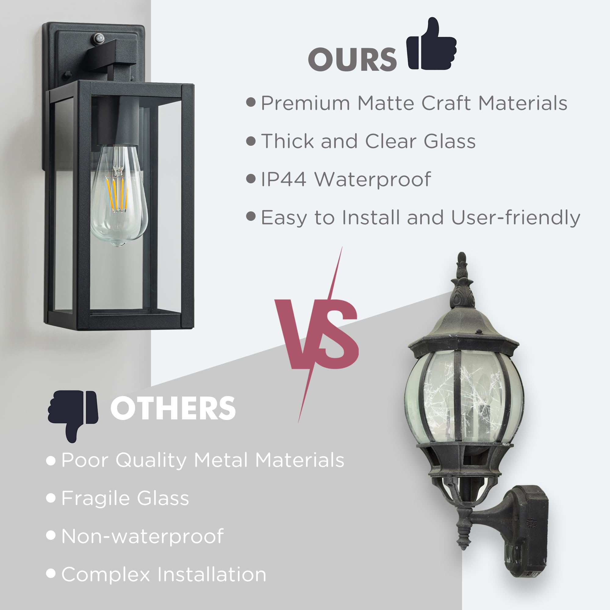 FTL Lampada da Parete con Sensore per Esterno dal Crepuscolo all'Alba E27, Nero Luci Esterne da Parete con Sensore Crepuscolare, Impermeabile IP44 Applique Lanterna da Parete in Vetro per Giardino