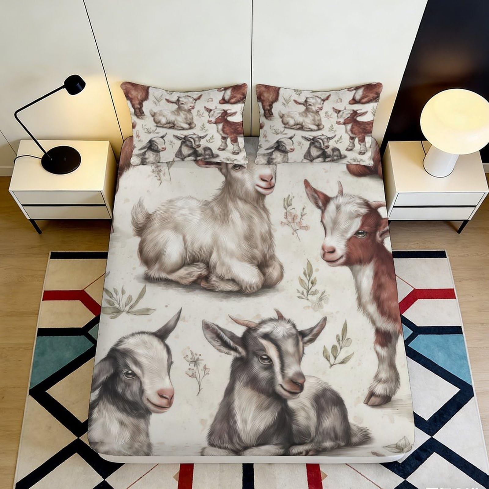 3D Printed Baby Goat Farm Animal Fitted Sheet Microfiber Soft Mattress Cover for Bedroom Dorm Mattress Protection Decor 160x200x25cm