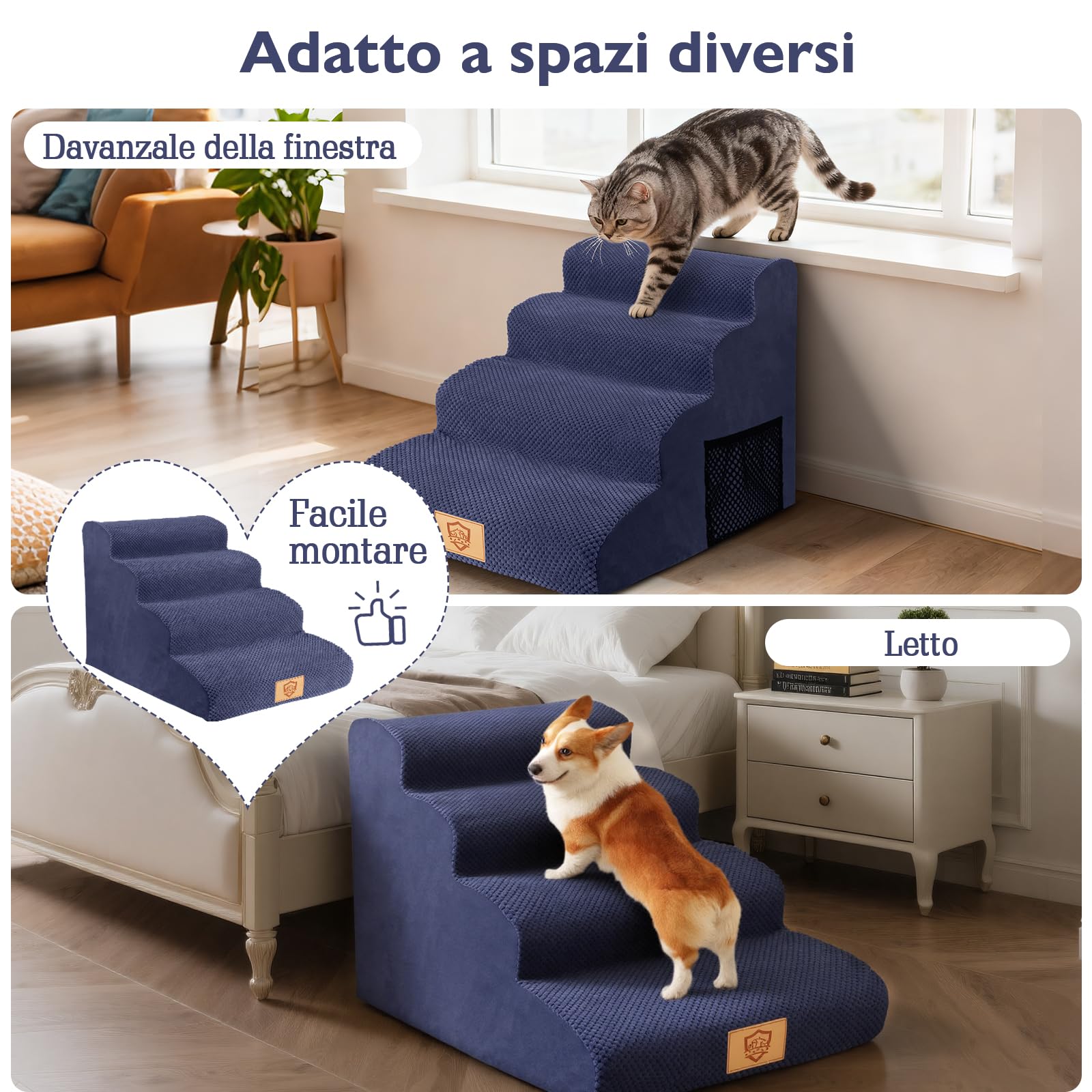 MASTERTOP Scale per Cani 4 Gradini Alte, Scala Schiuma Antiscivolo per Animali Domestici, Scalini Alta per Letto Rialzato e Divano con Copertura Rimovibile e Lavabile (Blu Navy)