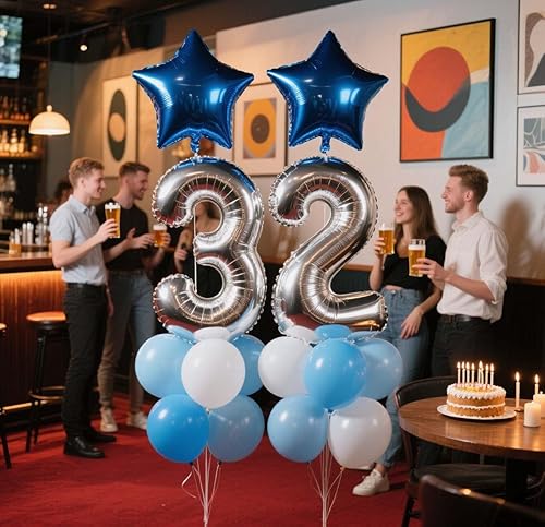 Vista 19 de Decoración de fiesta de cumpleaños número 31, color azul plateado para hombres, pancarta de feliz cumpleaños número 31, globos de papel de aluminio