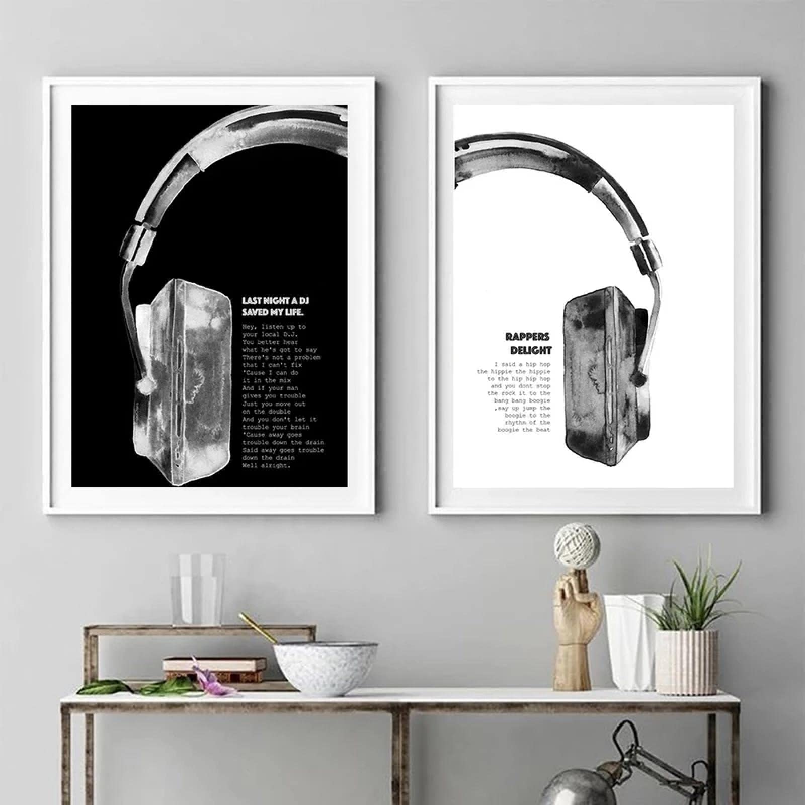 dsdsgog Noir Blanc Hip Hop Rappeur Paroles Musique Citation Toile Peinture Affiches et Impressions Casque Mur Art Garçon Salle De Jeux Décor À La Maison 50x70cmx2 Sans Cadre