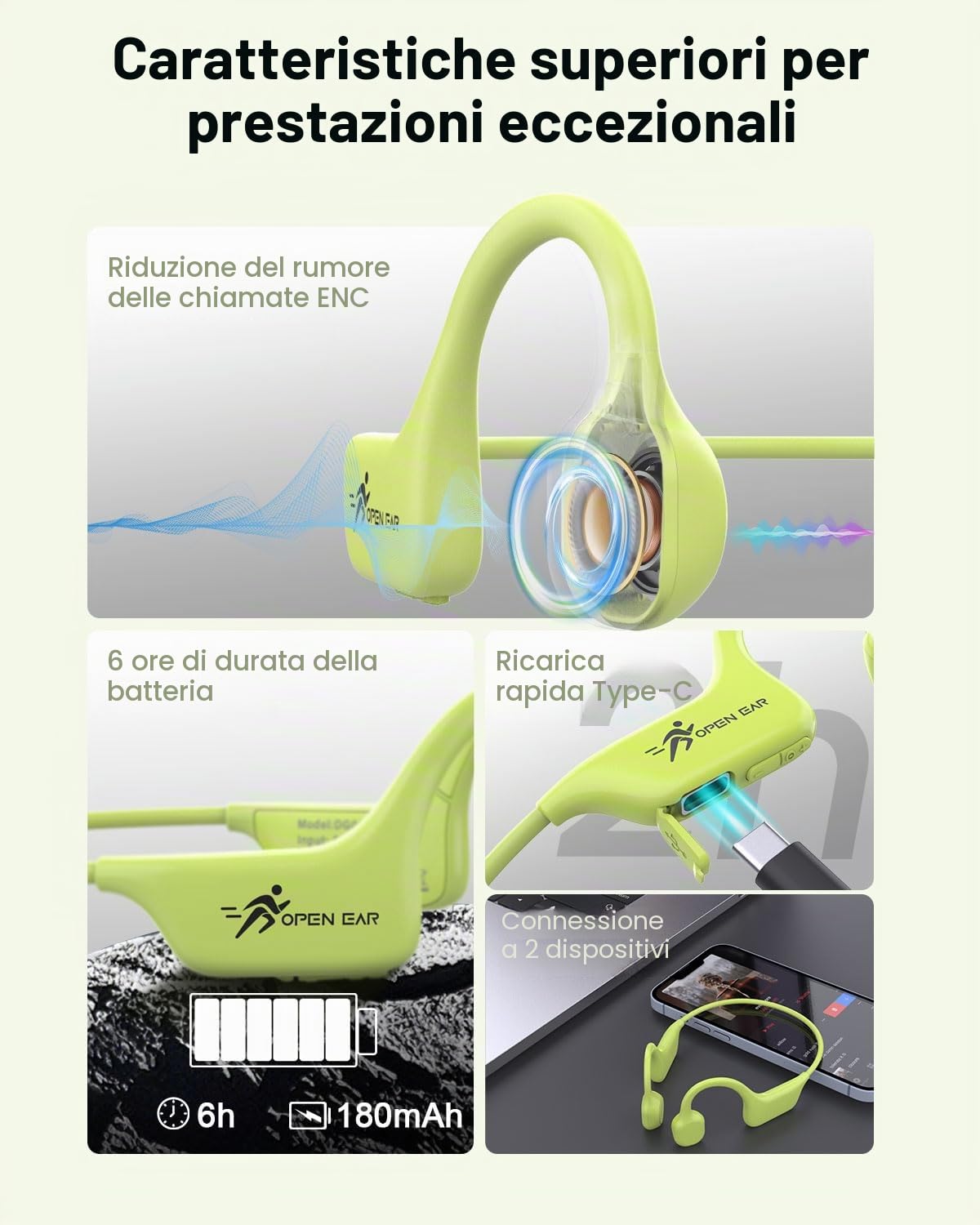 ANSTEN Cuffie Conduzione Ossea, 2025 Auricolari Conduzione Ossea Bluetooth 5.3, Ricarica Rapida USB-C, IPX5 Impermeabile, Cuffie Sportive Open Ear per Running, Sport, Ciclismo e Fitness(Verde)