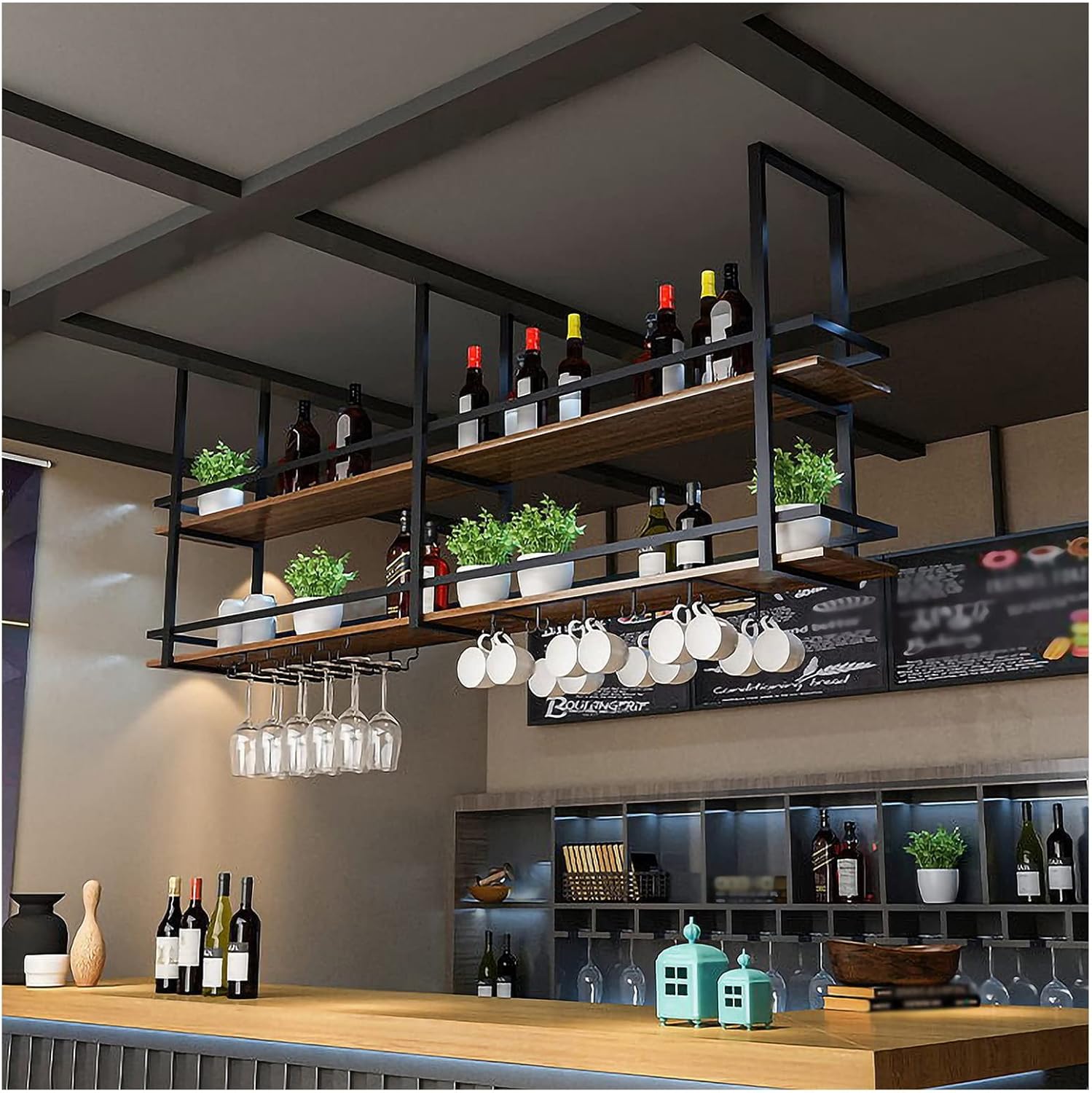 Rustic Hanging Wine Rack, Metal Ceiling Wine Glass Holder, Wine Shelf Wine Bottle Holder, Vintage Display Wine Storage Holder with Guard Rail for Bar Restaurant Cafe (Color : Black, Size :