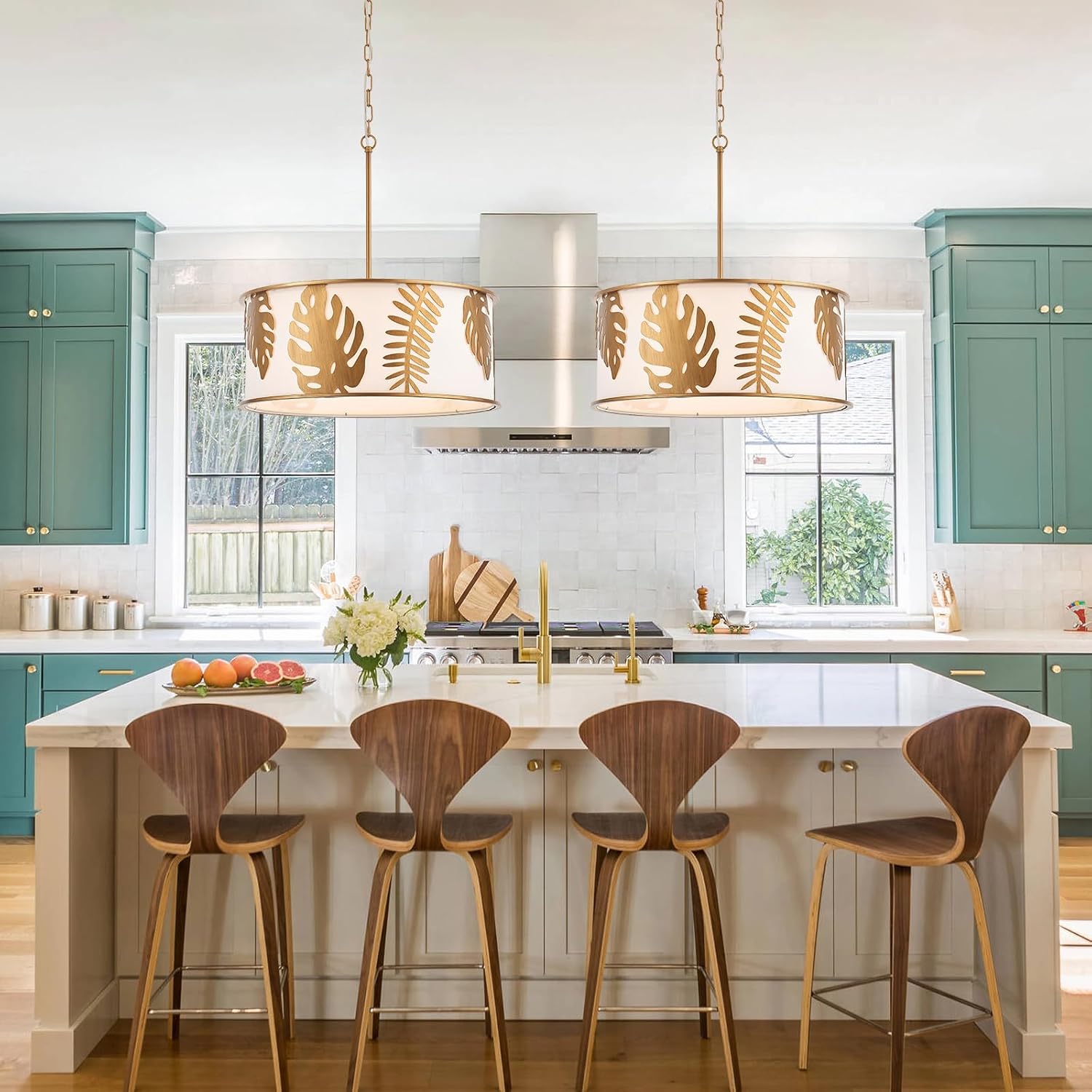 Modern Gold Chandeliers Large Fabric Drum Chandeliers 24" Round Ceiling Pendant Light Fixture with Chain Adjustable for Dining Room Bedroom Foyer Kitchen