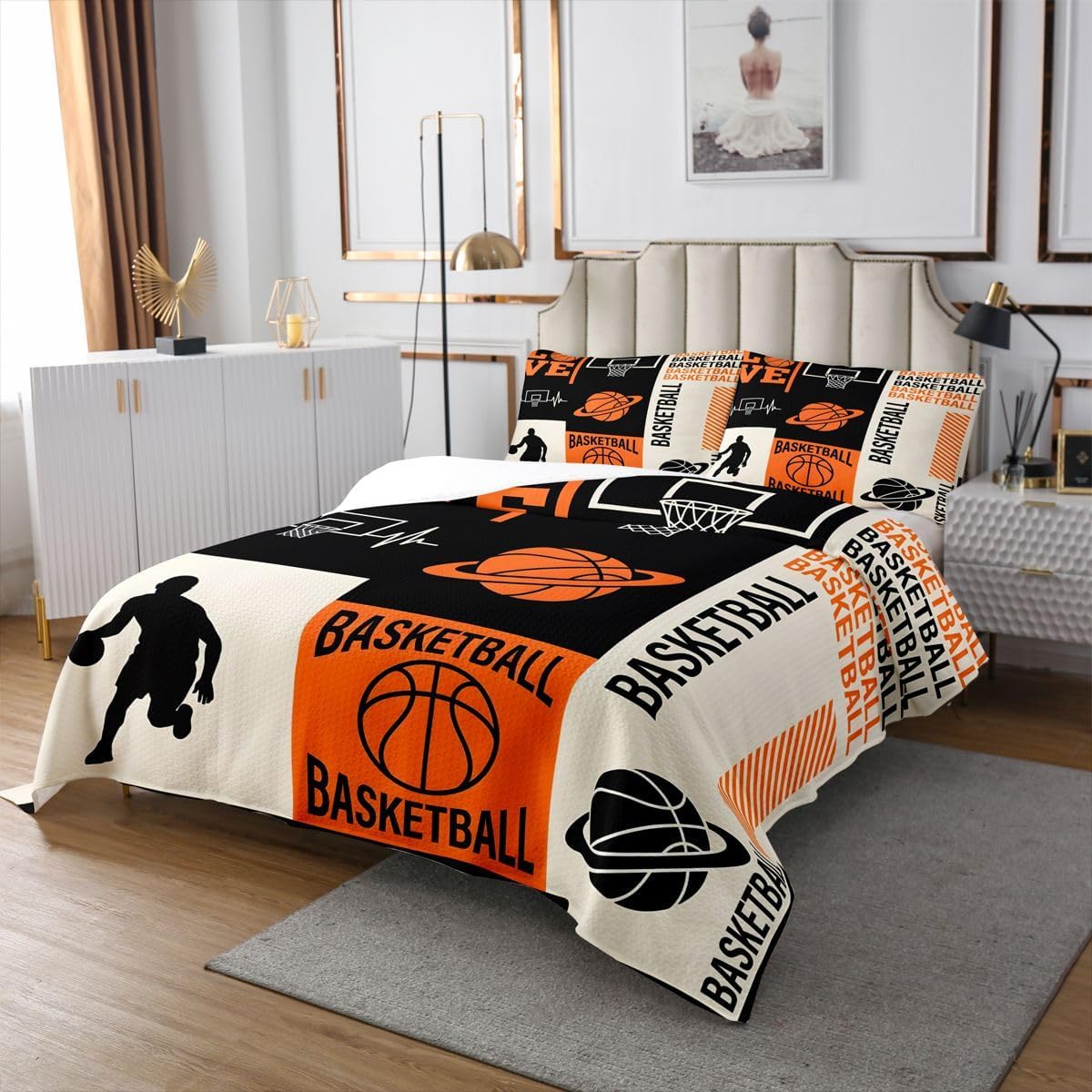 Feelyou Basketball Bedspread King Size Ball Sports Games Coverlet Set Orange Black Quilted Coverlet for All Season with 2 Pillowcases Microfiber Lightweight