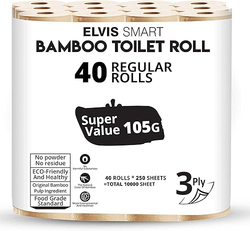 Papel higiénico de bambú, 3 capas, 250 hojas por rollo, paquete de 40, fuerte y flexible, sin árboles, seguro para séptico, natural y suave para un