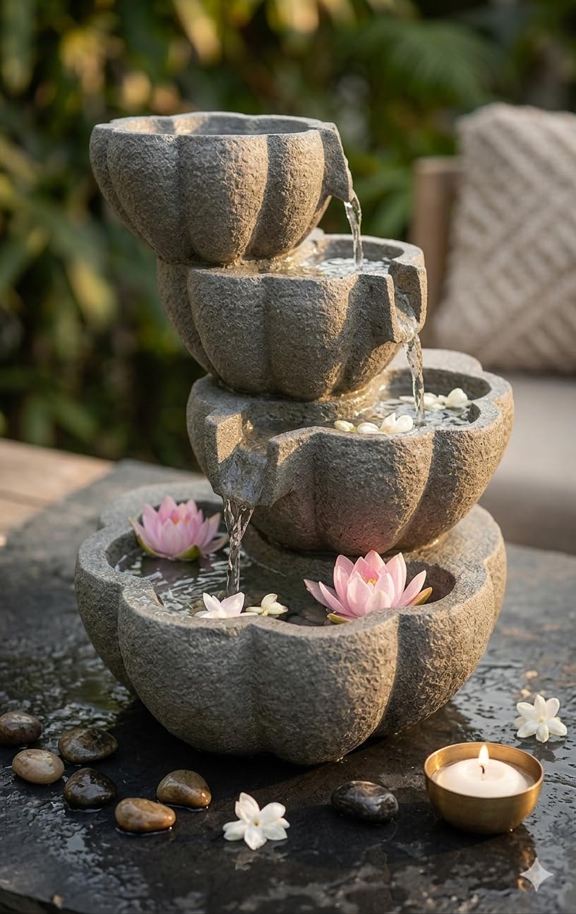 4-Tier Stone Finish Cascading Water Fountain, Indoor Tabletop Rainforest Rock Water Fountain with LED Lights, Tiered Desktop Fountain for Home and Office Décor, Gray-image-6