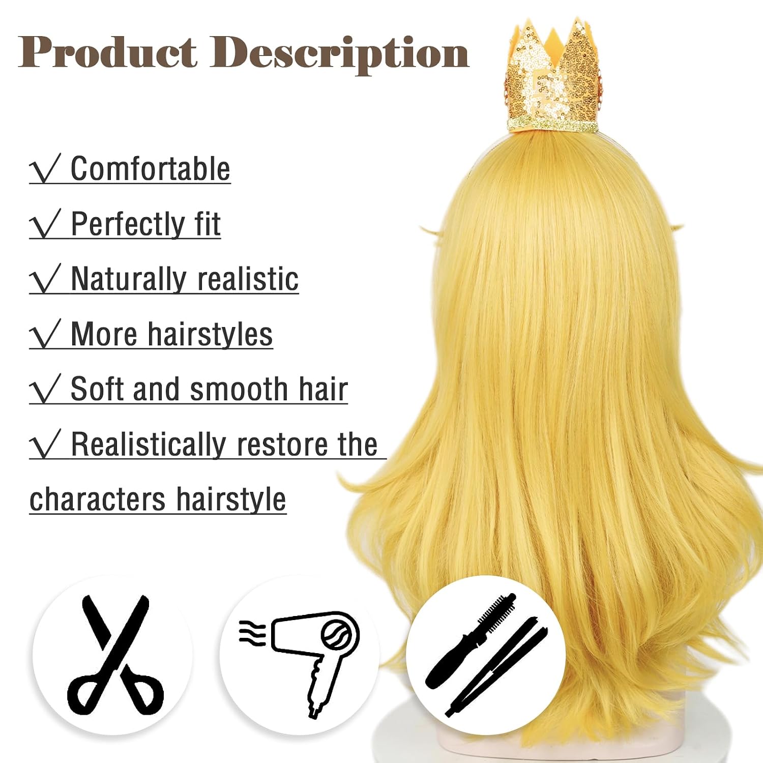 LABEAUTÉ Blonde Princess Wig with Crown + Brooch + Ear Clip + Wig Cap,5 Peice Set of Golden Long Wavy Peach Cosplay Wig Costume for Halloween Party (Yellow Peach Child)