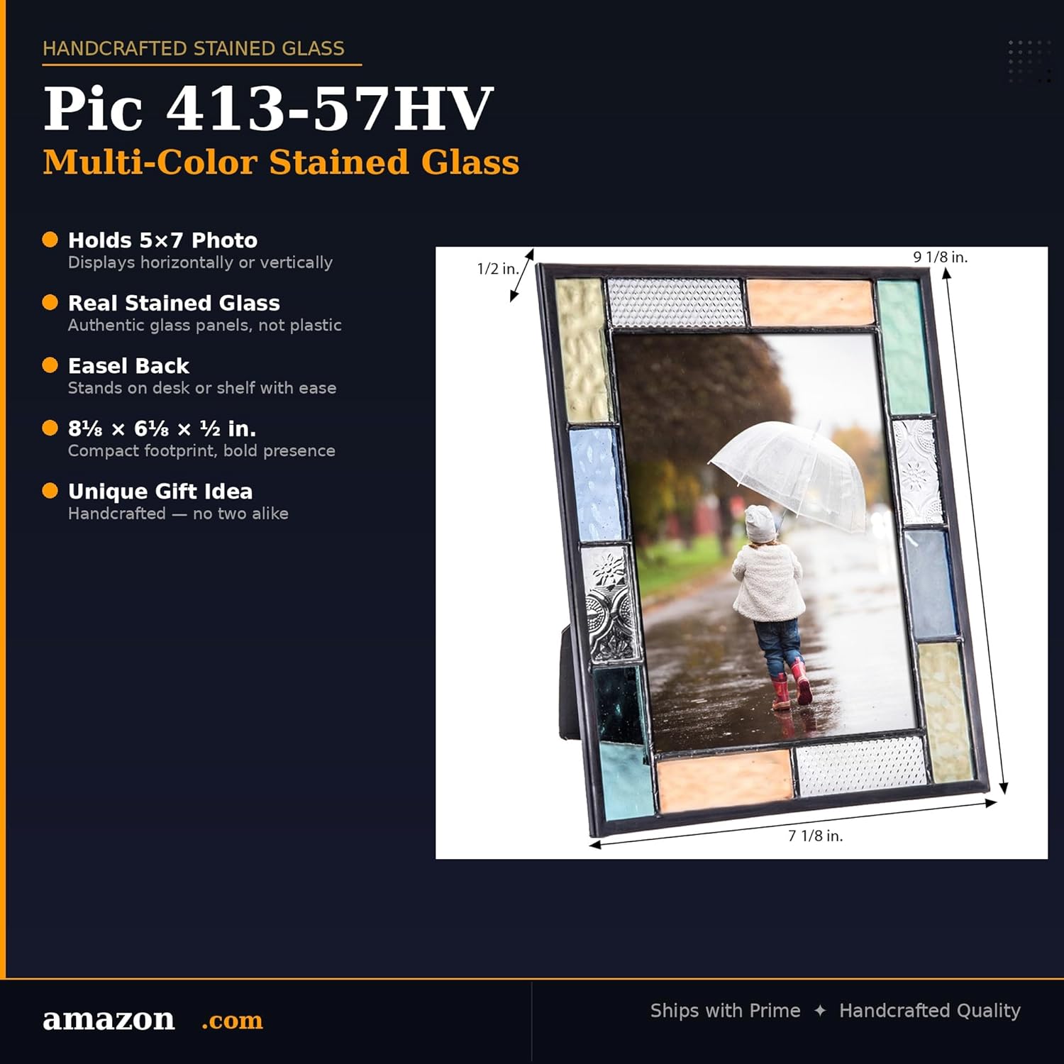 J Devlin Glass Art 5x7 Colorful Stained Glass Picture Frame – Horizontal or Vertical Display, Easel Back Tabletop Frame with Pastel Blue, Green, Amber & Peach Glass