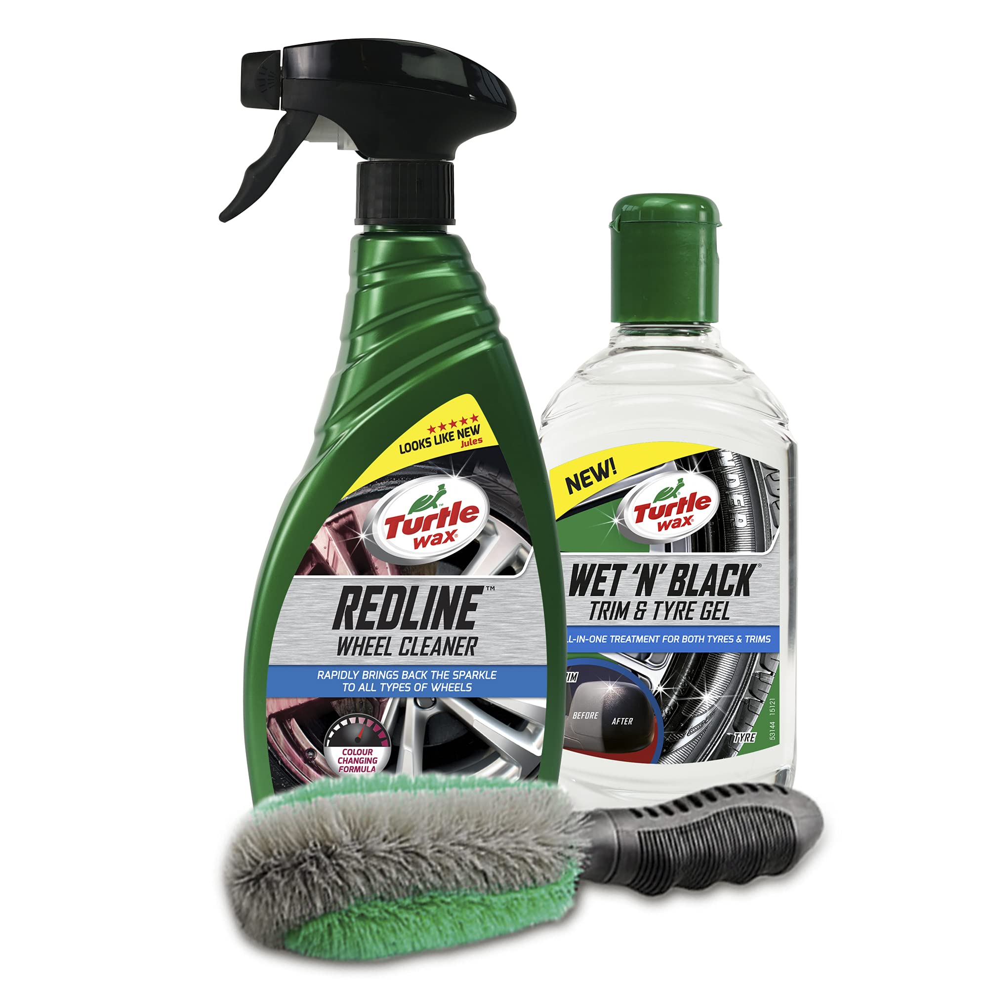 Turtle Wax Car Wheel & Tyre Cleaning Kit - Includes Redline Wheel Cleaner 500ml, Wet 'N' Black Tyre Gel 500ml & Wheel Wizard Brush - Leaves Your Wheels, Tyres & Alloys Clean & Shiny