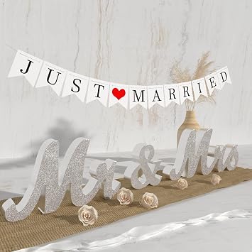VIOPVERY Wooden Mr & Mrs Wedding Sign with Just Married Banner,Siver