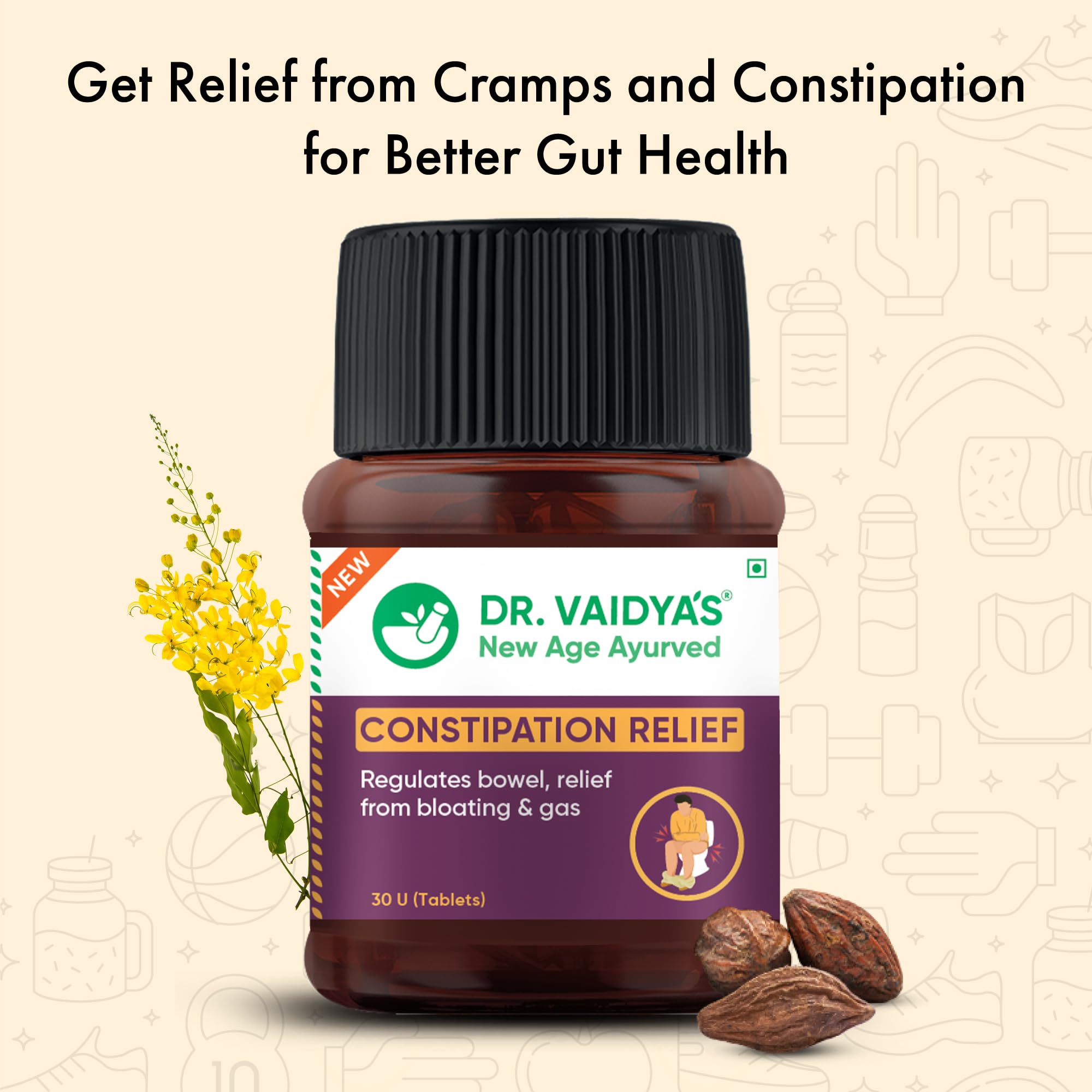 Dr. Vaidya's Constipation Relief Tablets | Improves Digestion & Regulates Bowel Movement | Sonamukhi, Haritaki & Sunth | (30 Tablets) Pack of 1 1