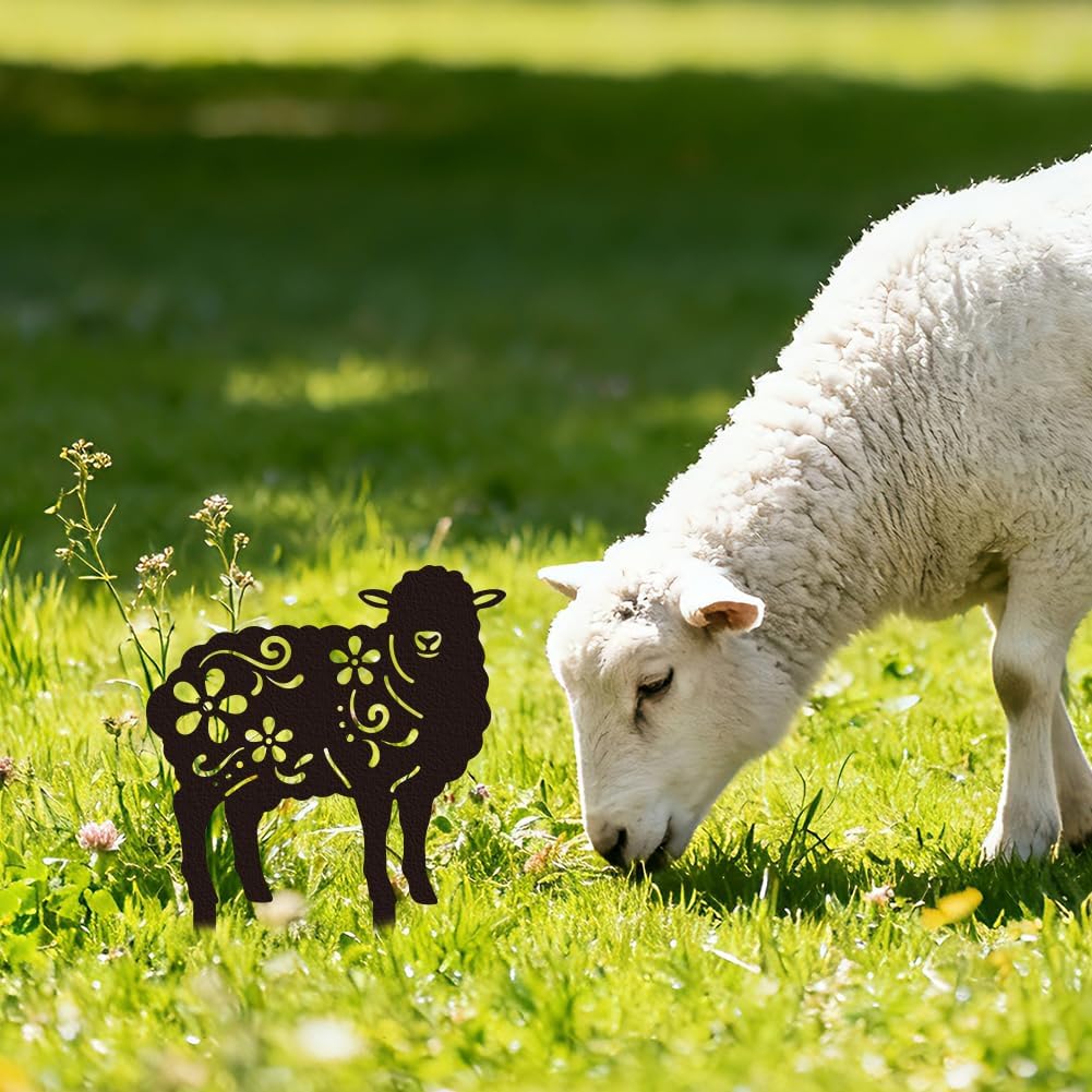 WADORN 2 Styles Sheep Metal Decorative Garden Stakes, Funny Sheep Flowers Metal Silhouette Statues Animal Garden Ornament Gifts Black Yard Art Decoration for Outdoor Backyard Patio Lawn Walkways