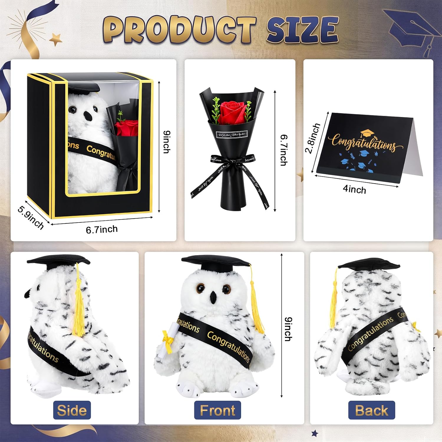 Hungdao Graduation Snowy Owl Plush Toy Gifts Set 8.6" Owl Stuffed Animal with Black Cap, Sash, Greeting Card and Artificial Rose for 2026 High School College Kindergarten Graduation Party Gifts