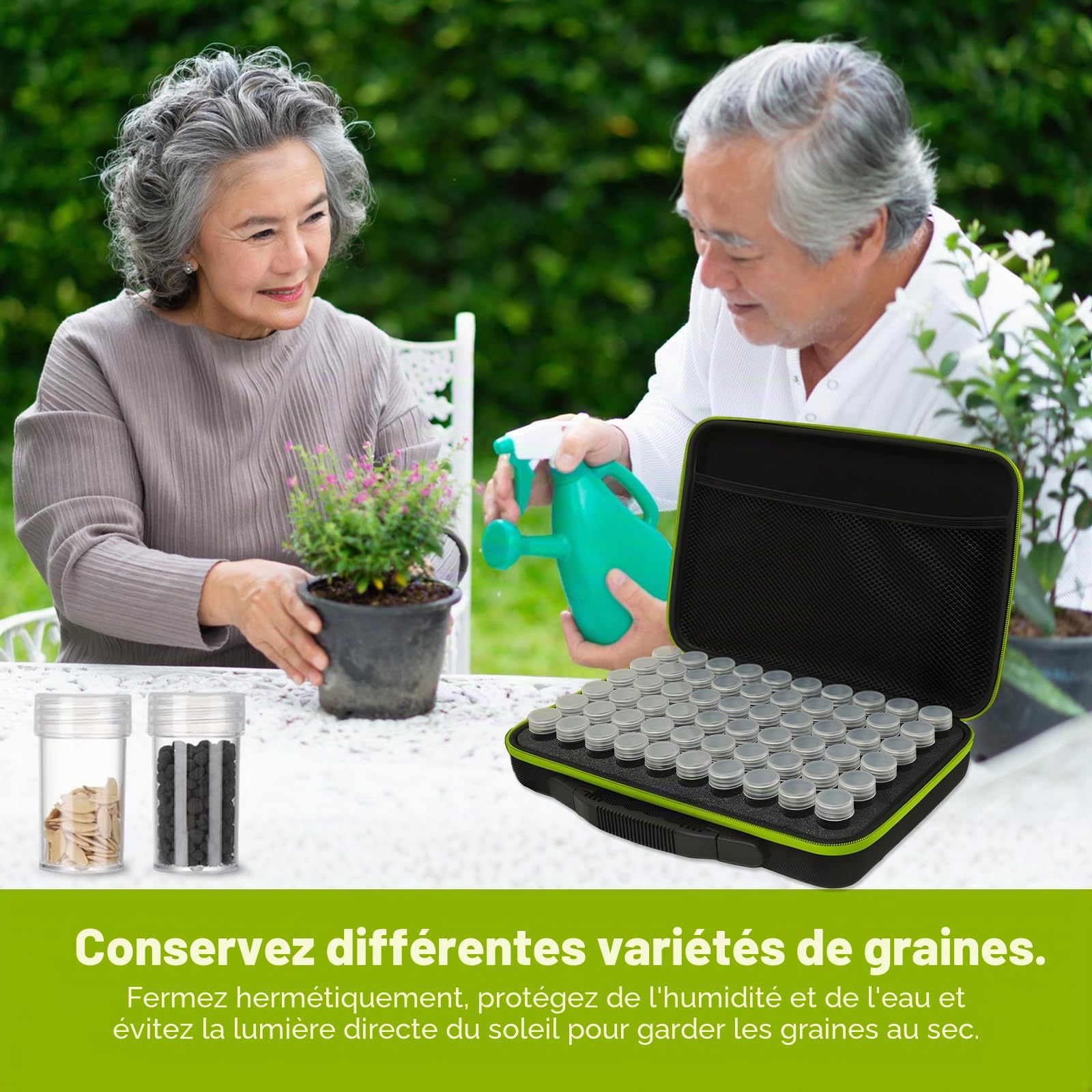 Organisateur 60Fentes pour Jardinage,Sac Zippé,Étiquettes,Entonnoirs,Pince à Épiler,Sachets Papier Rangement pour Petits Sachets de Plantation (Tomates, Fleurs,Herbes, Légumes),Anti-Lumière&Humidité