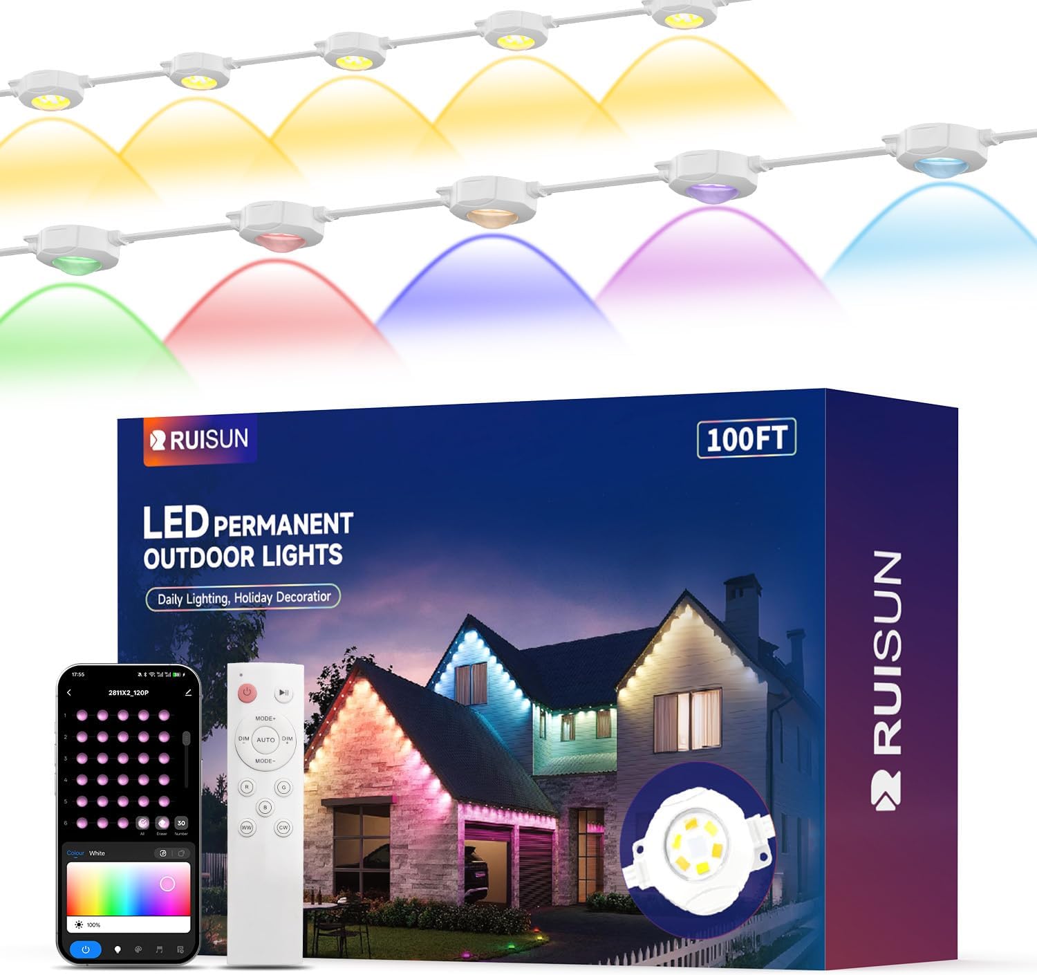Permanent Outdoor Lights for House, 100FT with 60 RGBCW LEDs for Christmas, Daily and Holiday Lighting, Eave Lights for Outdoor Decorations, IP67 Waterproof, Works with Alexa, Google Assistant, White